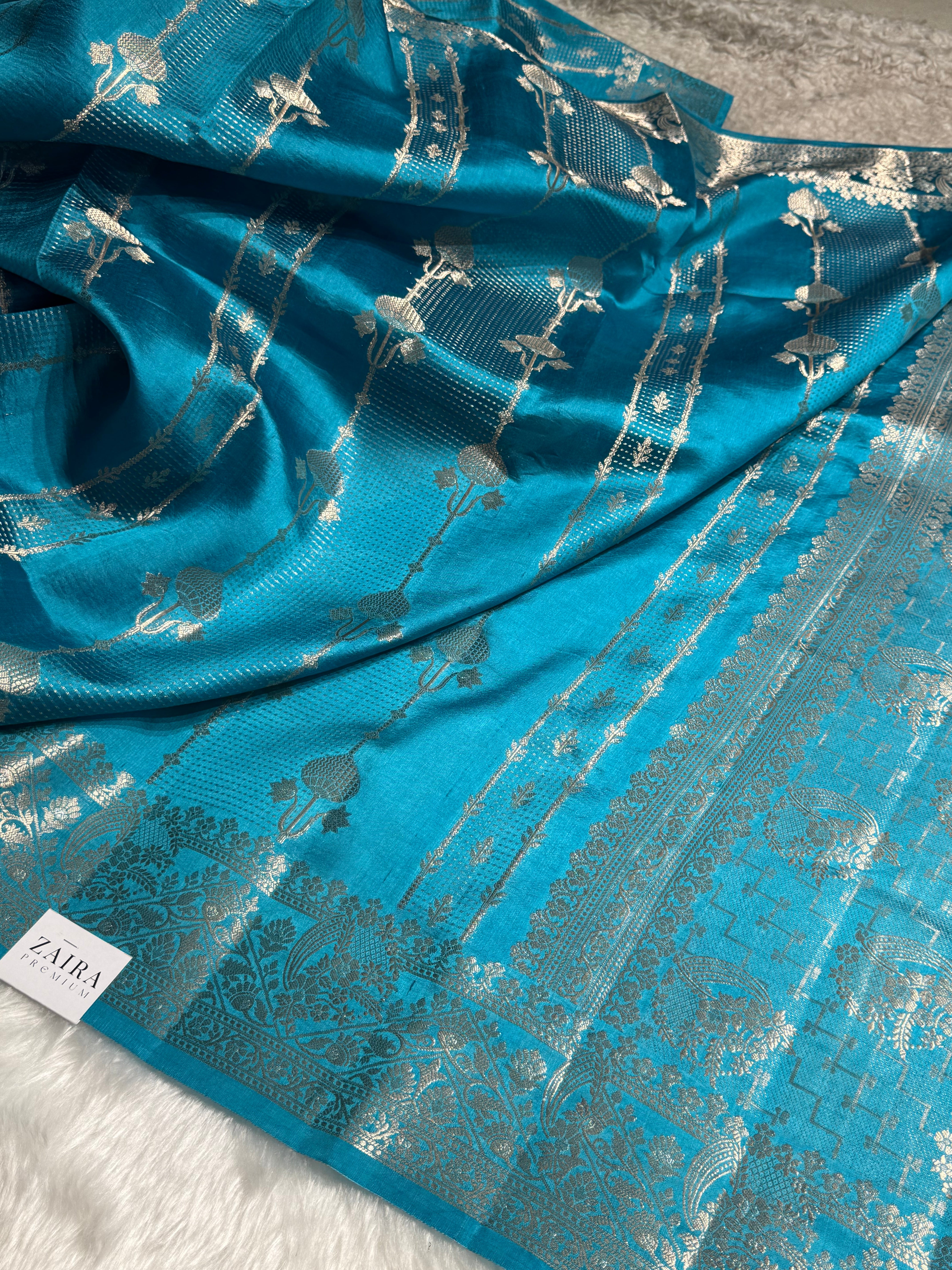 Dusty Blue Shades Floral Strip Booti Pure Caramel Mango Silk Saree