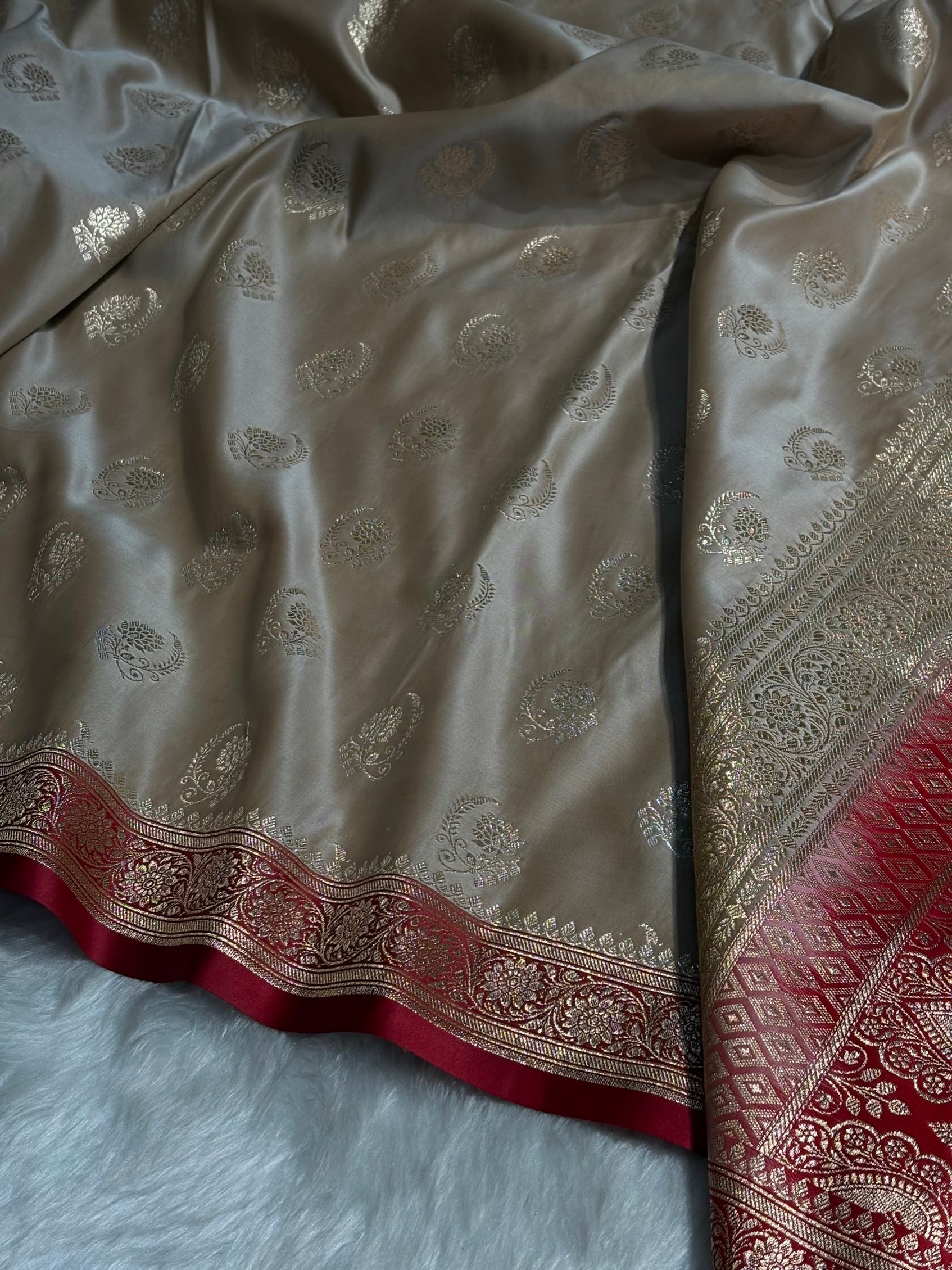Pista with Red Floral Boota Satin Katan Silk saree SK27
