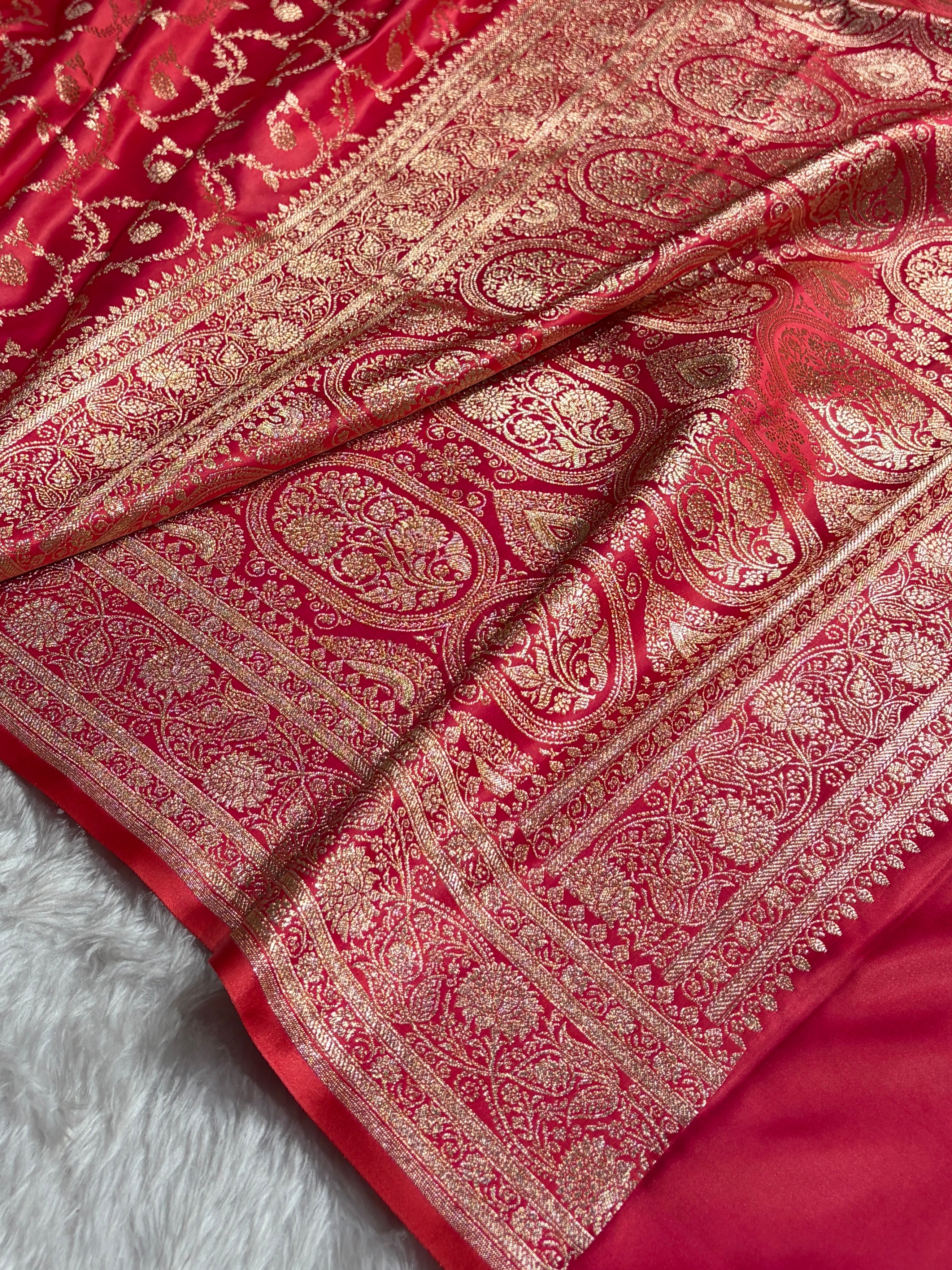 Cross Peach Shades Floral Jaal Pattern Satin Katan Silk saree SK55