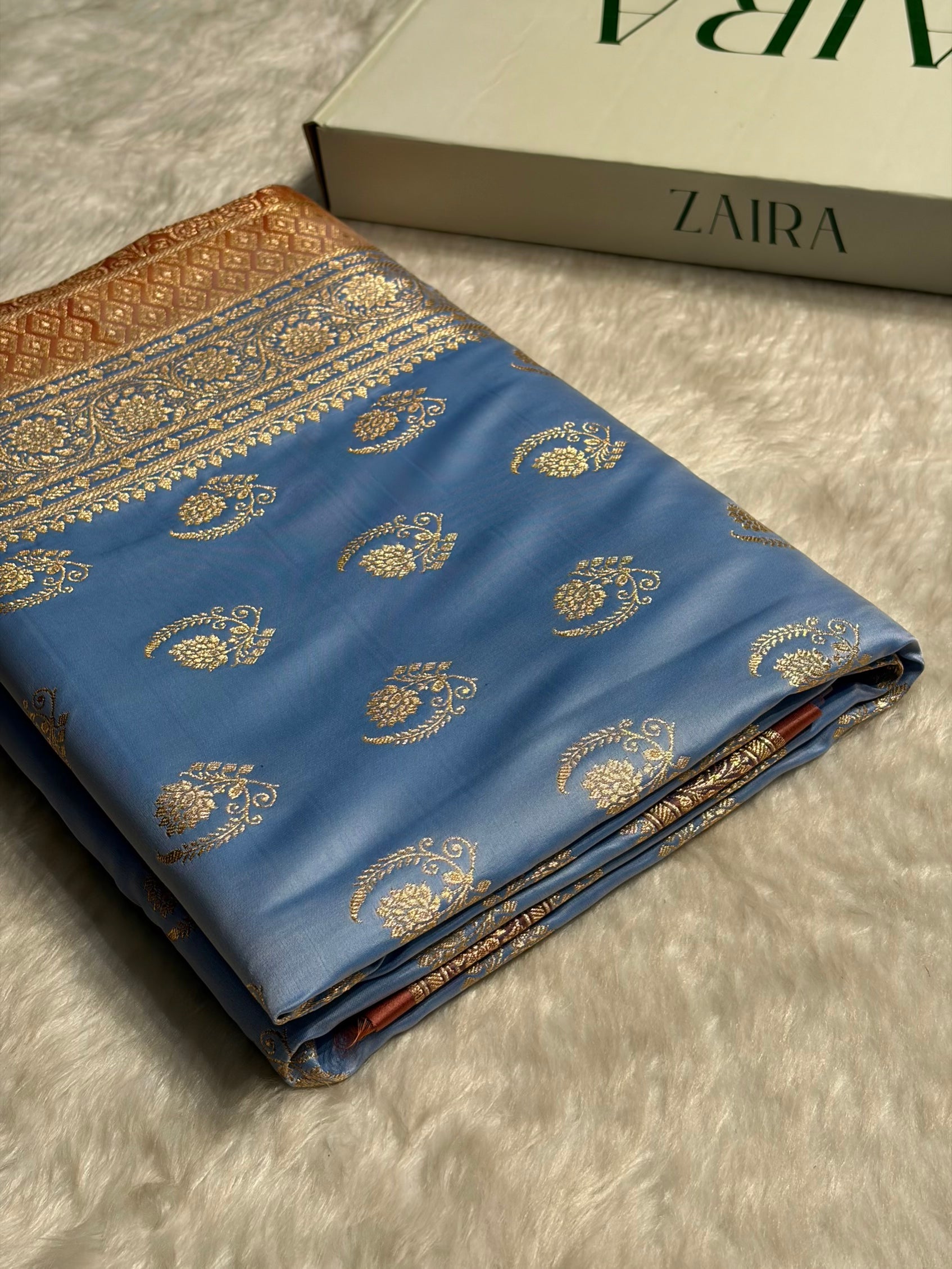 Nile Blue with Peach Floral Boota Satin Katan Silk saree SK27
