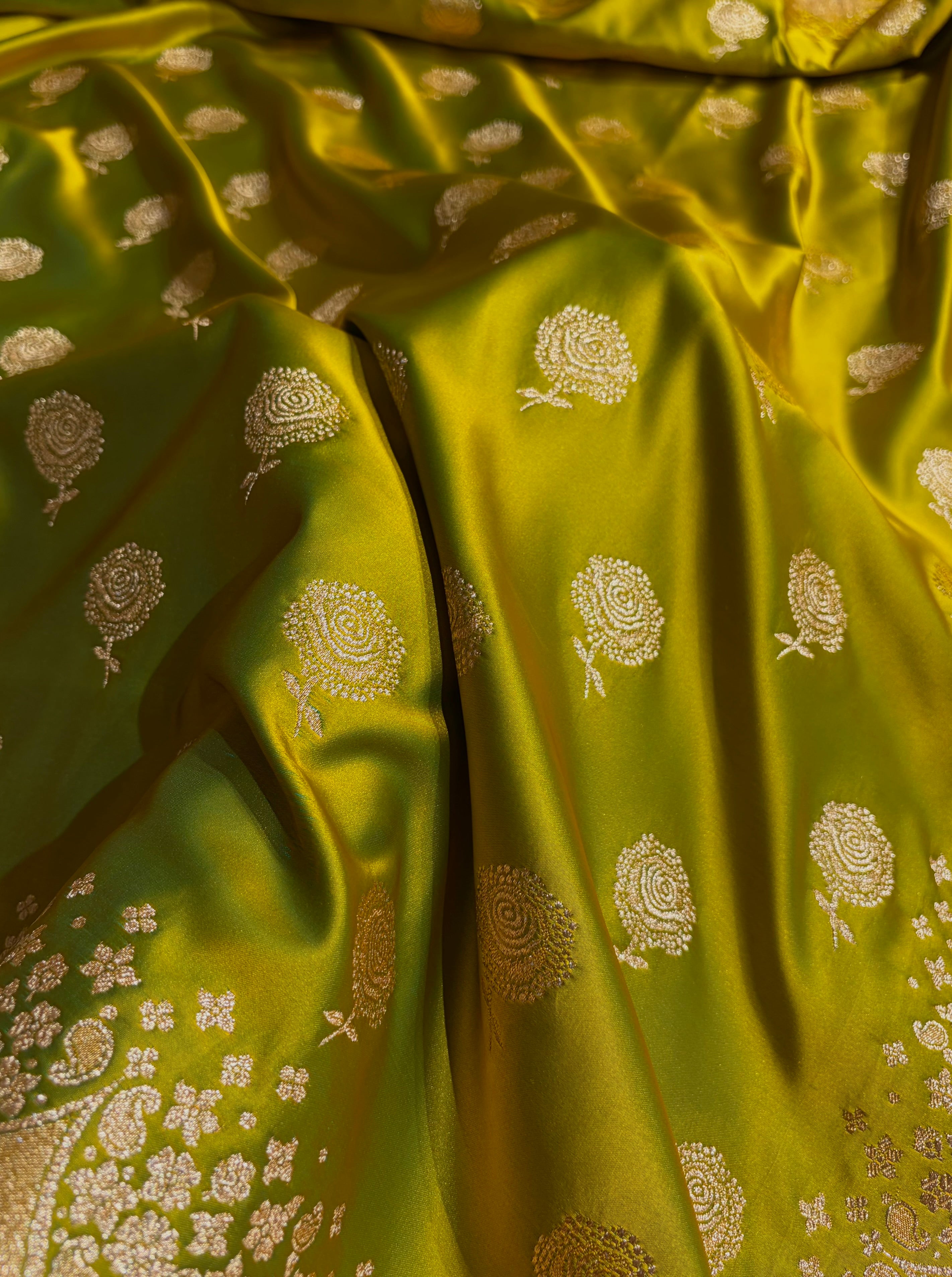 Banarasi Satin Katan Saree With Boota in Mehndi Green Shades SK111