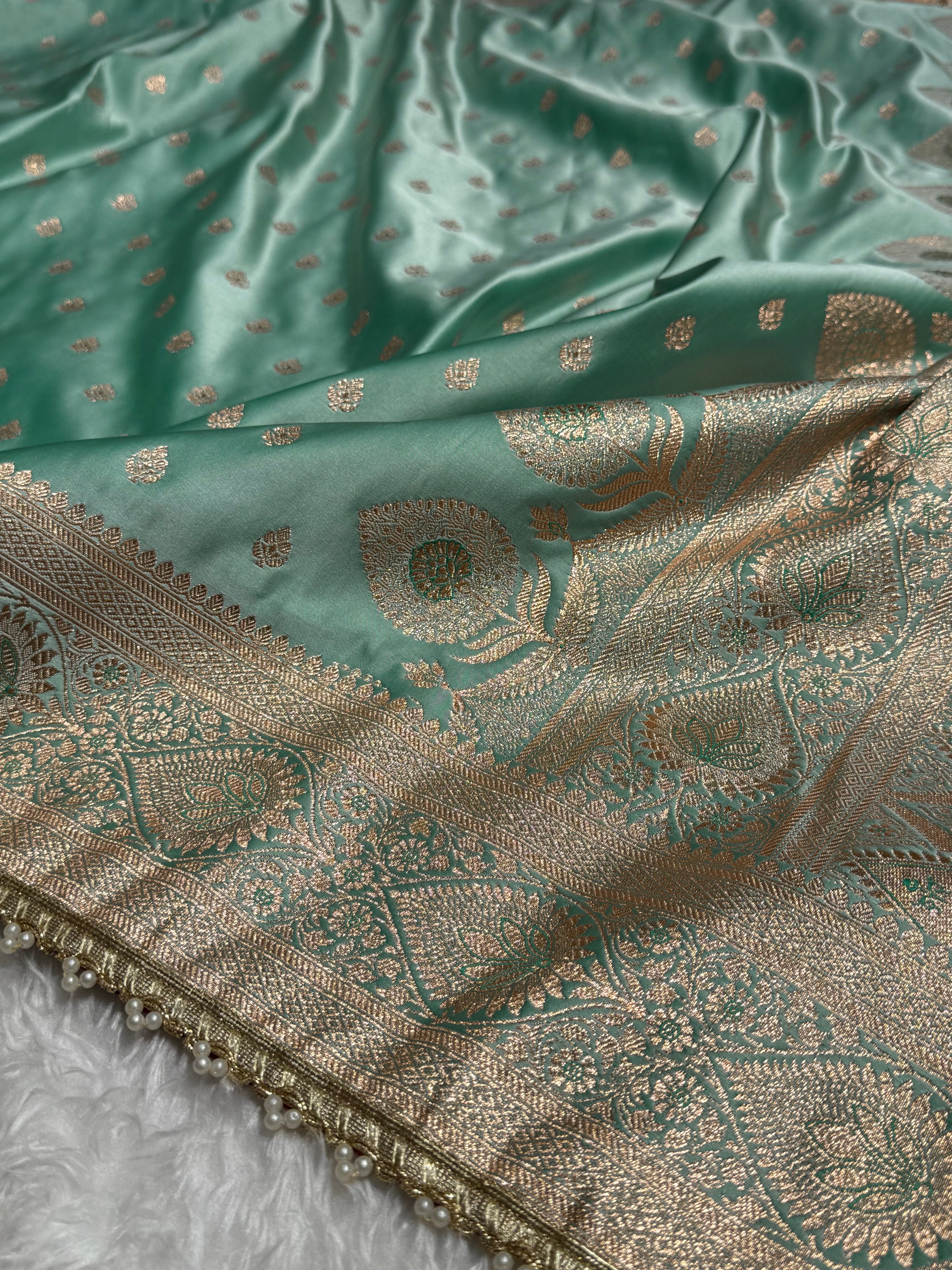 Banarasi Satin Katan Silk Saree In Pastel Sea Green Shades with gotta Patti
