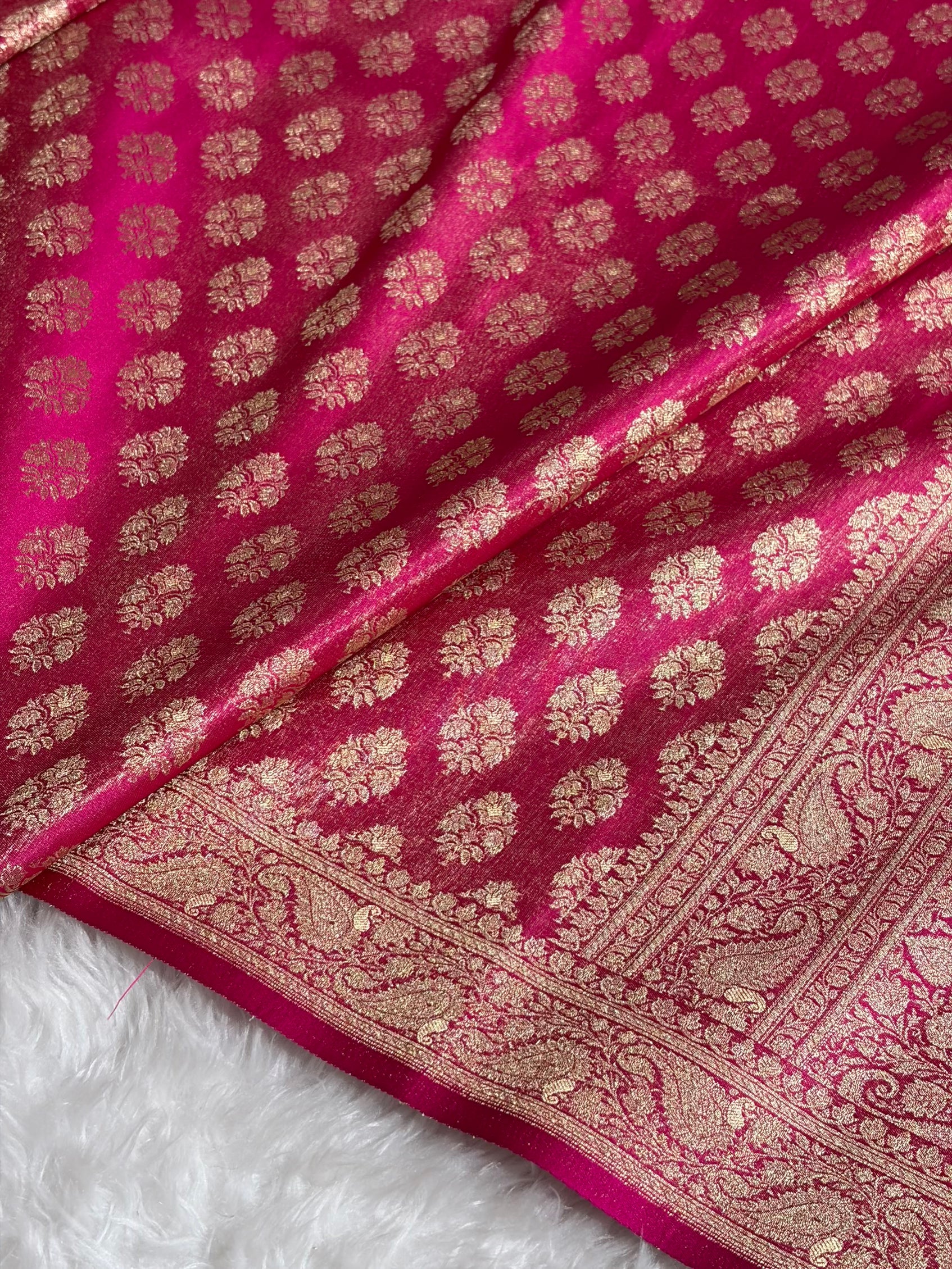 Banarasi Cross Rani Shades Satin Tissue Silk Saree In Booti motif ST01