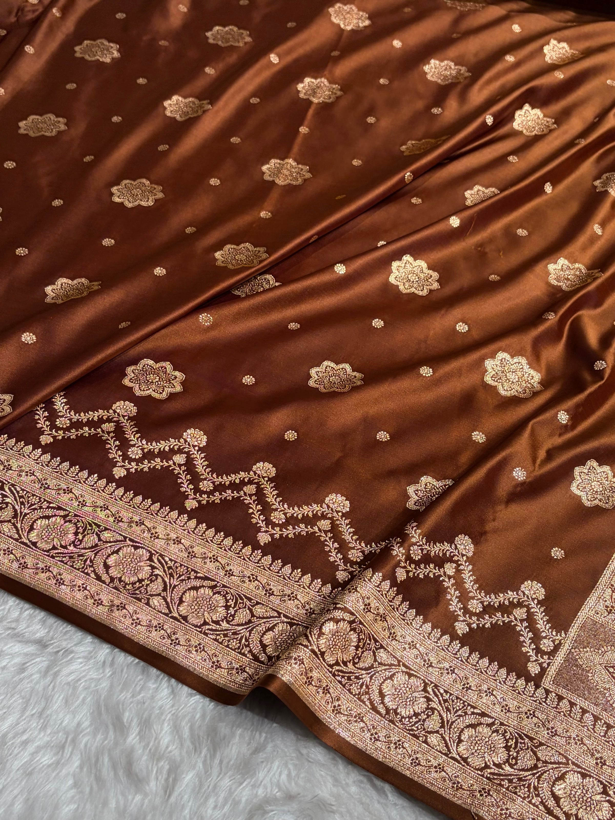 Banarasi Satin Katan Saree Floral Boota Pattern in Coffee Brown Shades SK146