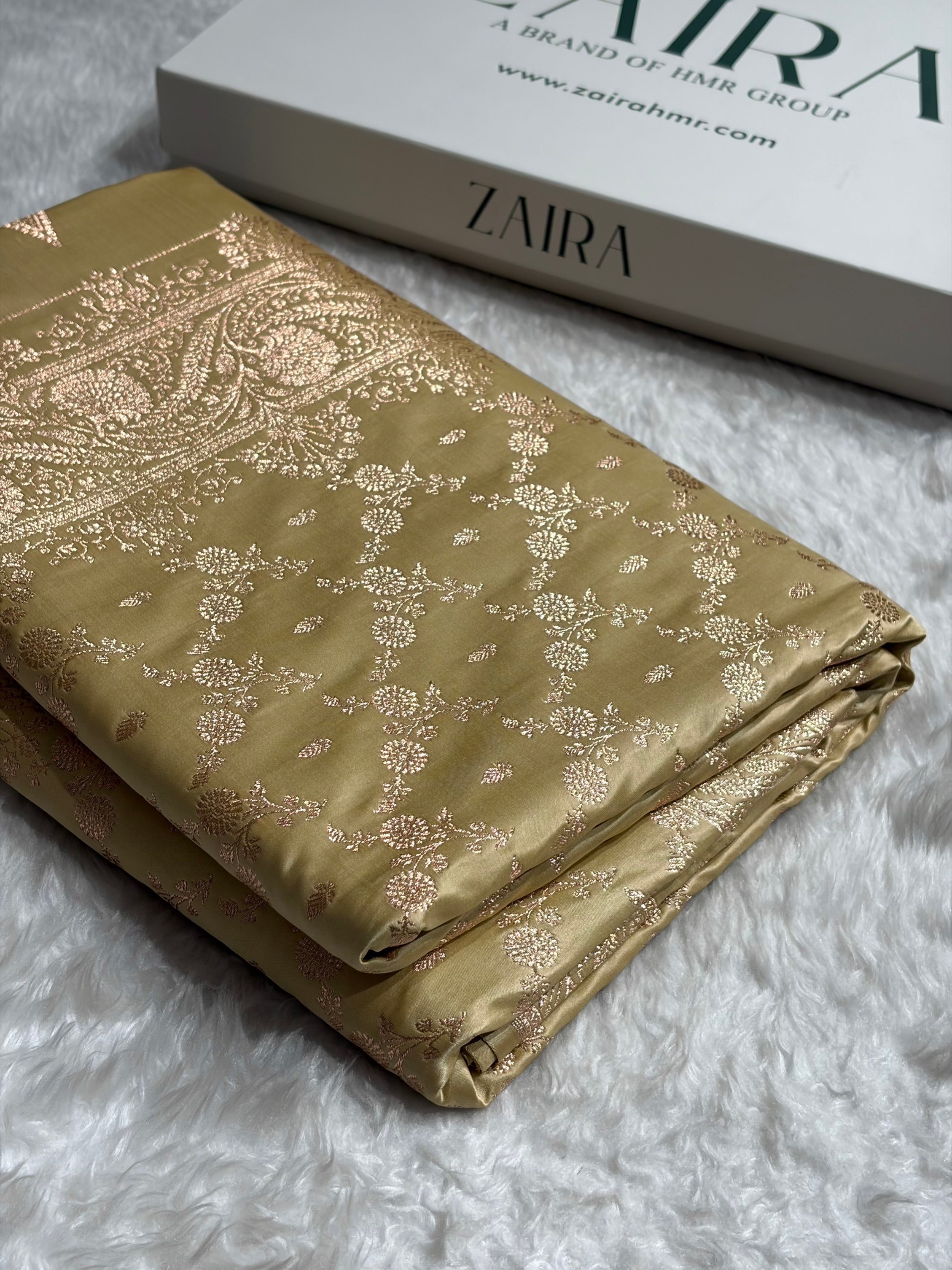 Banarasi Satin Katan Saree Jaal Pattern In Beige Shades SK133