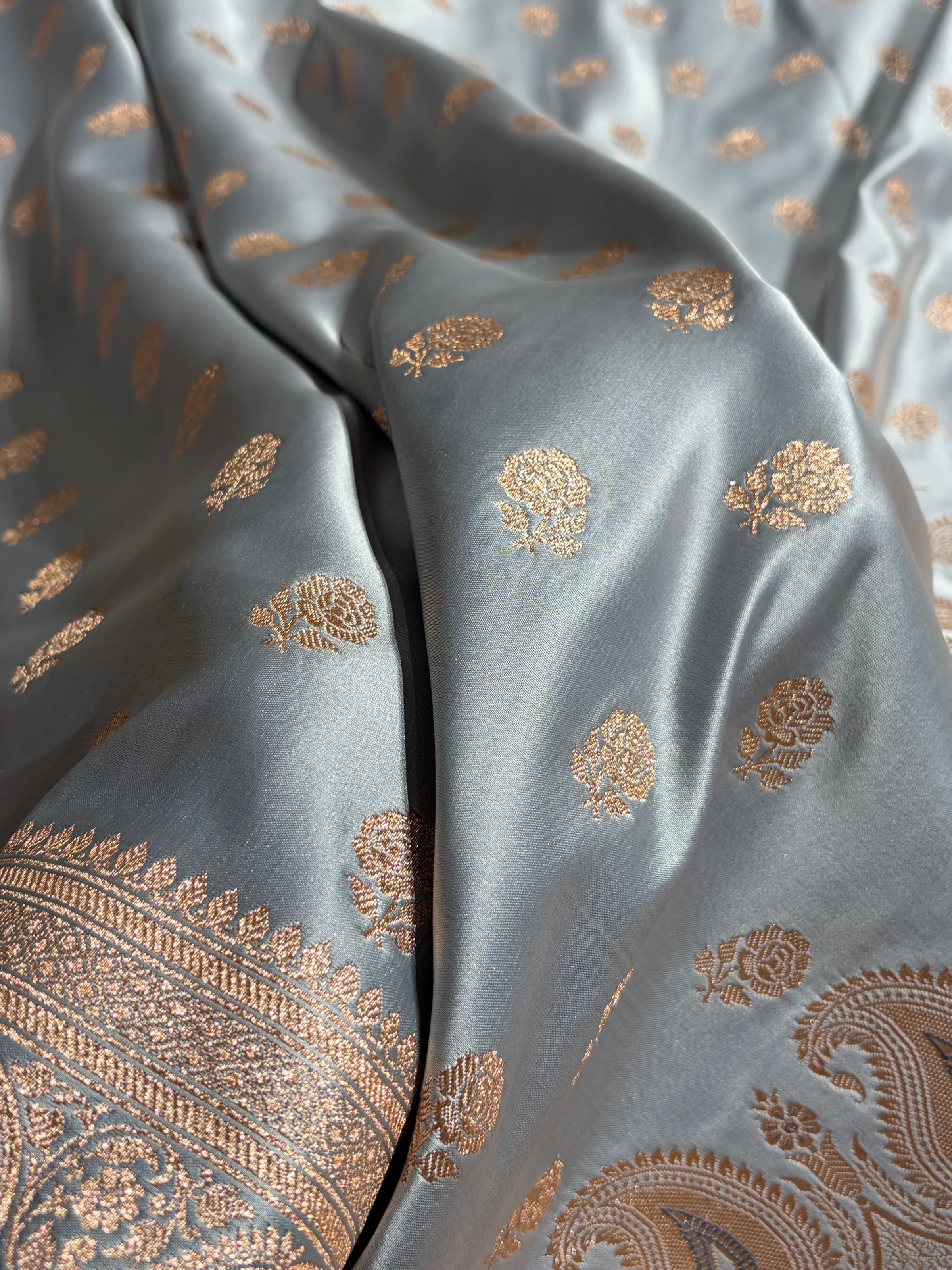 Floral boota Satin katan Silk Saree In Grey Shades SK12