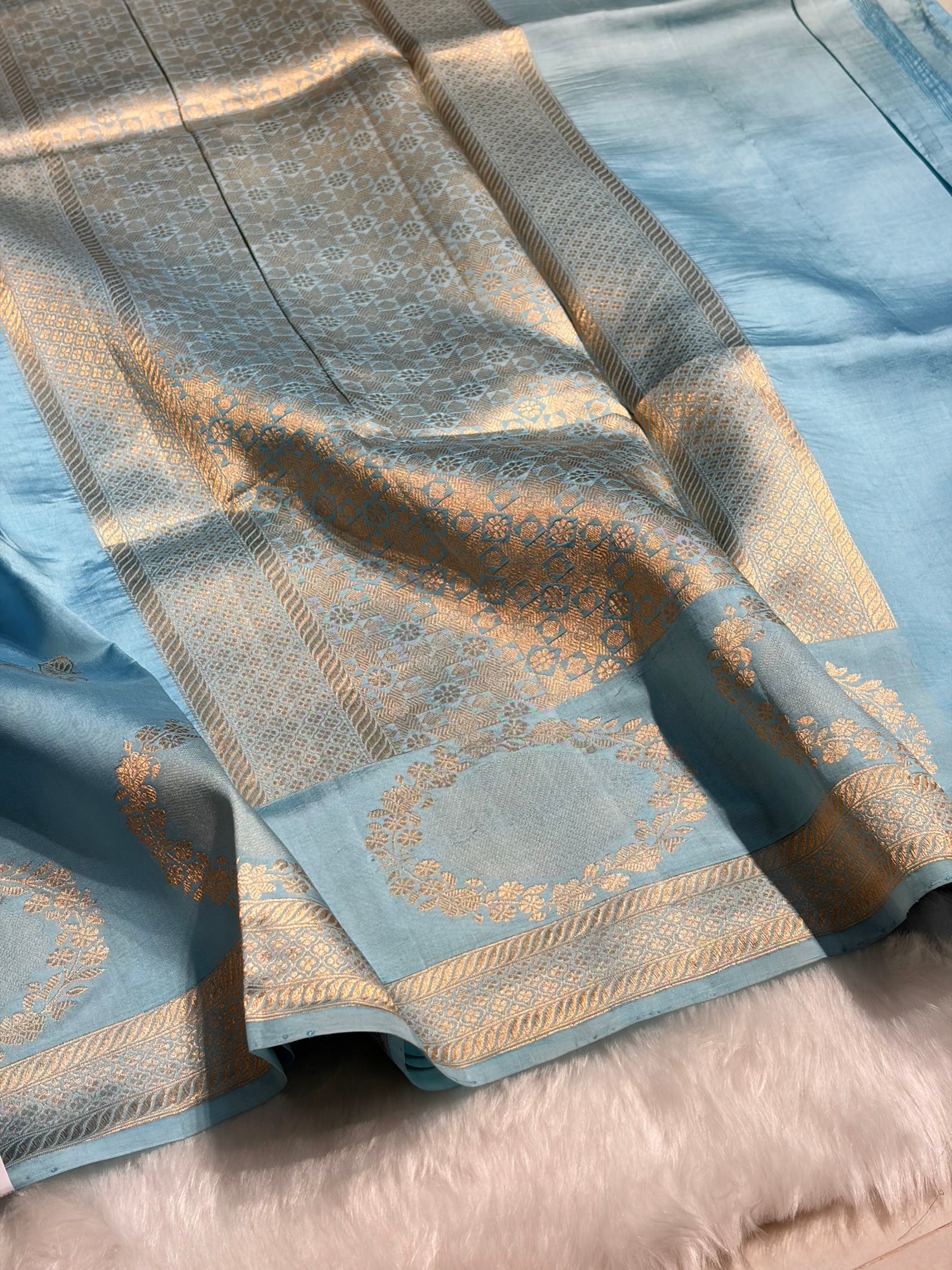 Ombré Powder Blue With Turquoise Shades Meena Boota Handwoven Raw Mango Silk RM-34