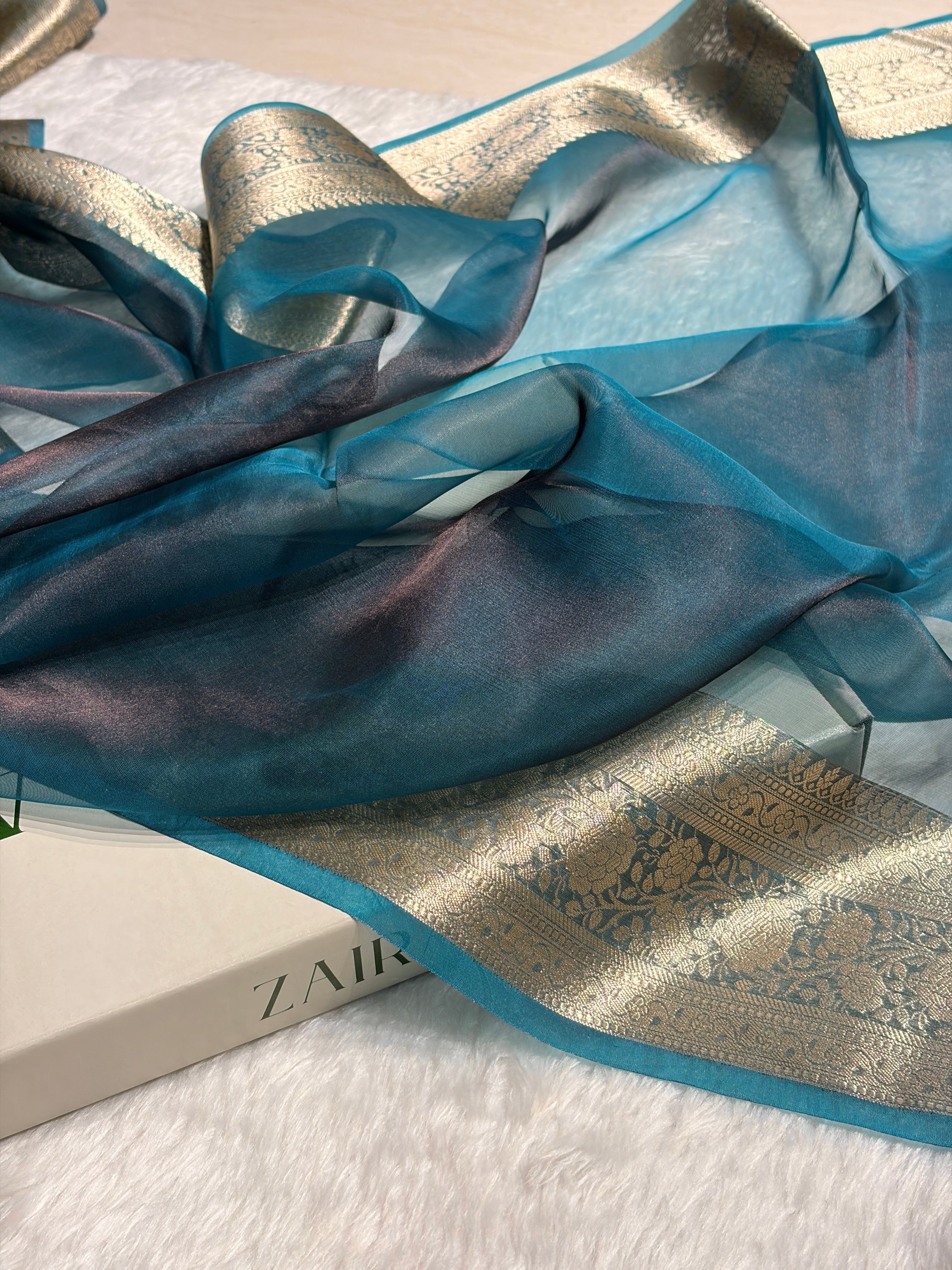 Firozi Shades Pure Tissue Silk Saree with Brocade Blouse PT-08