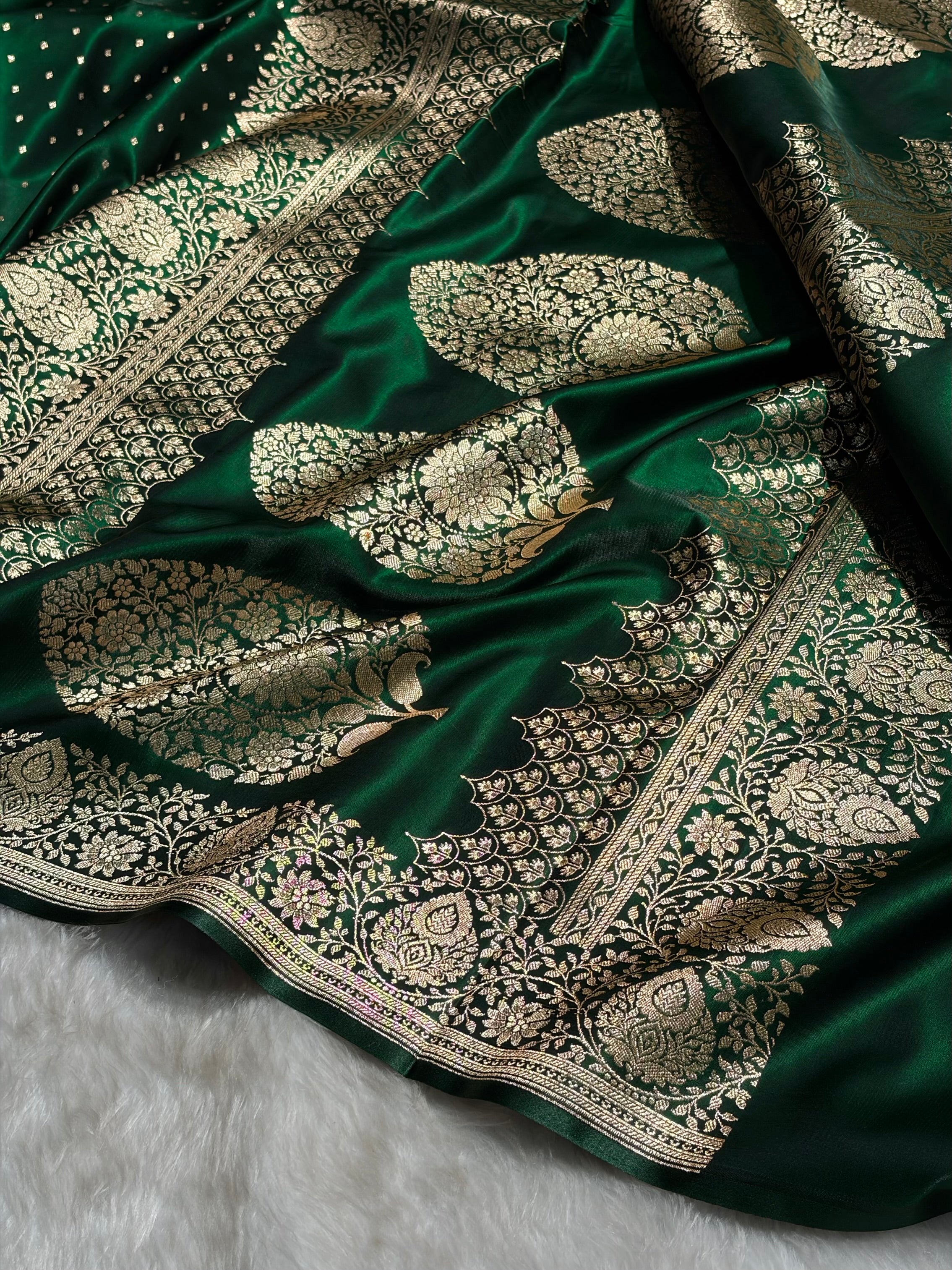 Ultra Light Weight Satin Silk Boota in Bottle Green Shades SS31