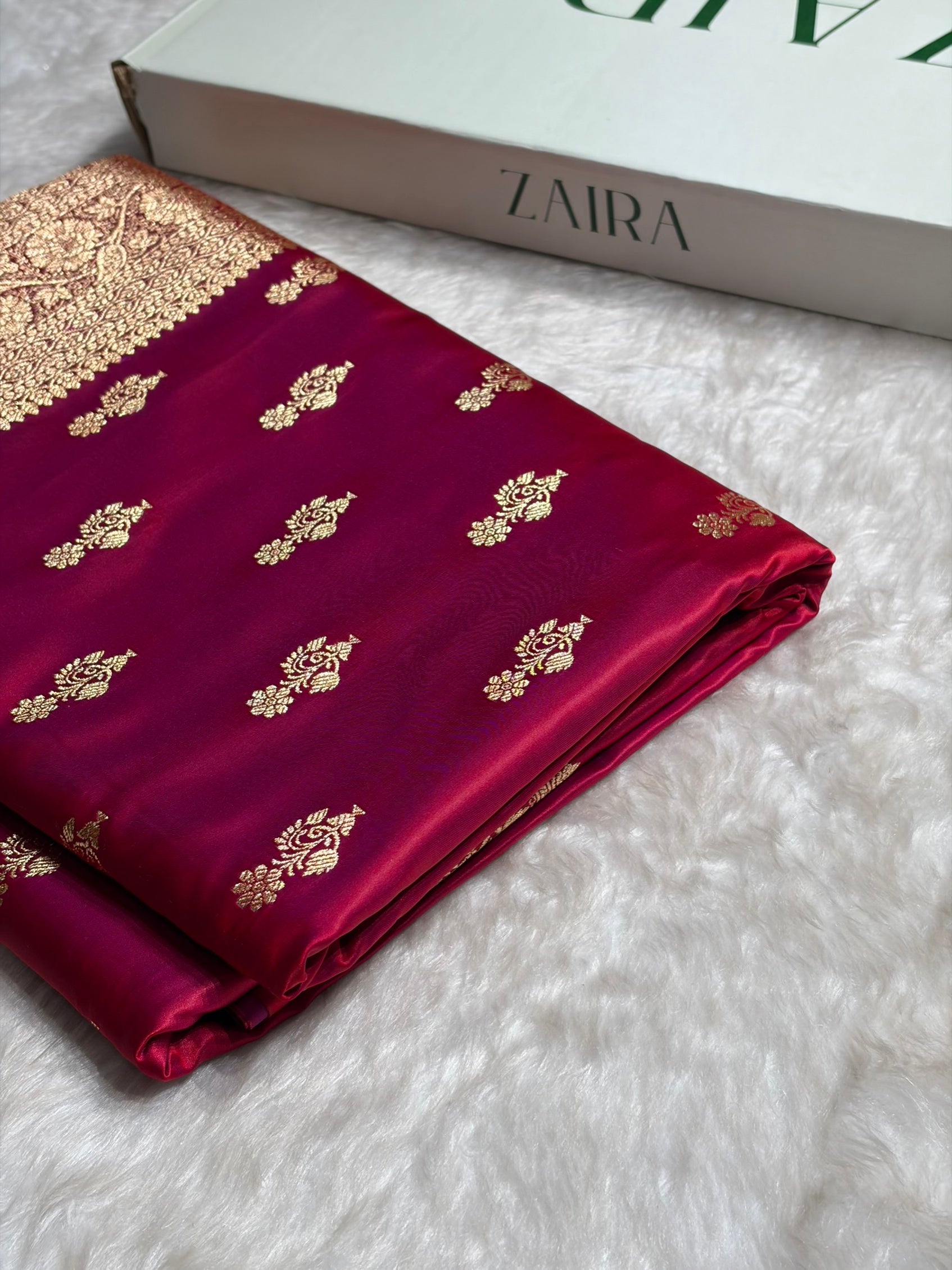 Magentic Red Unique Boota Pattern Satin Katan Silk Saree SK68
