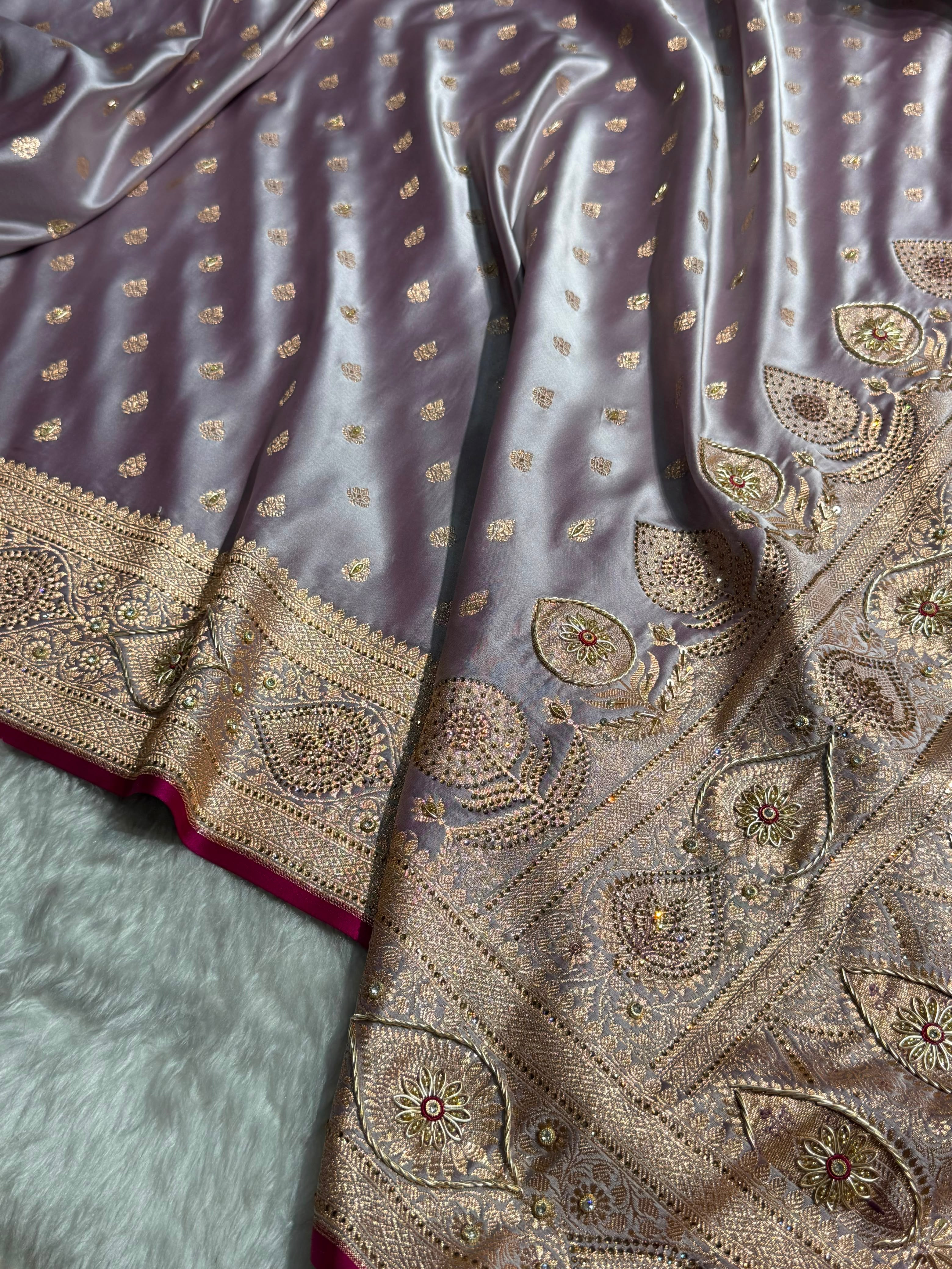Banarasi Satin Katan Silk Saree With Ari Zardozi Work In Grape Shades BSK10