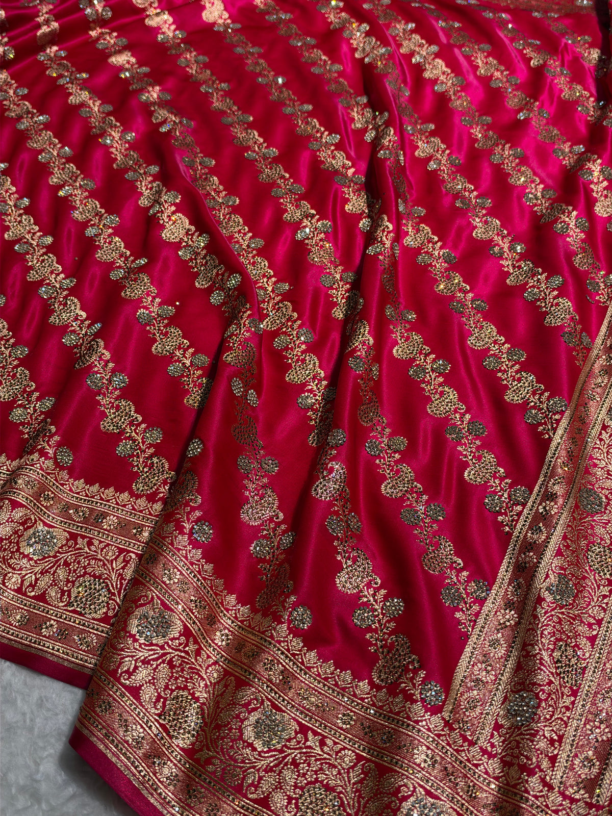 Rani Shades Swarovski Work Cross Pattern Satin Silk Saree BSS51