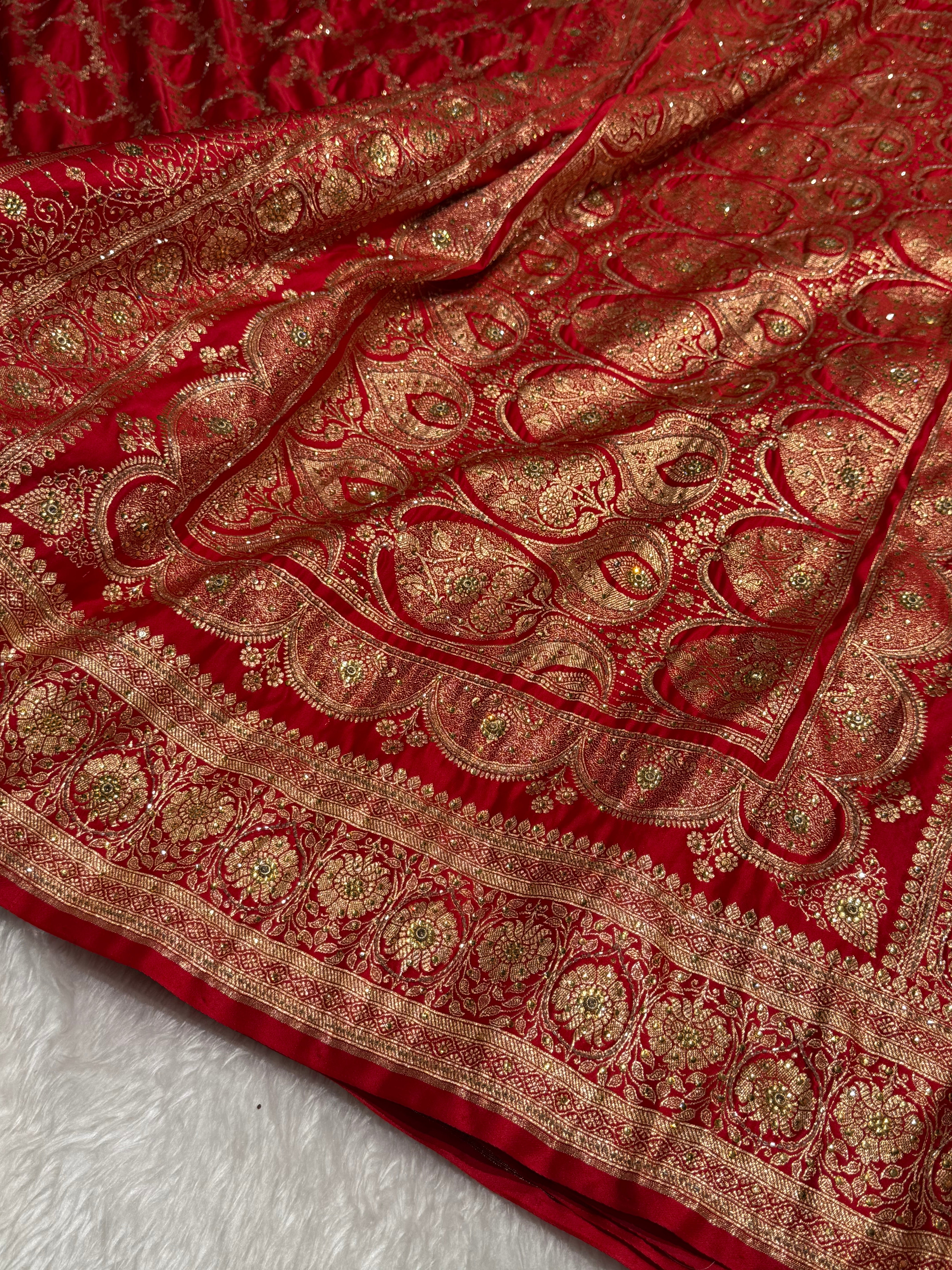 Bridal Red Katan Silk with Ari and Stone