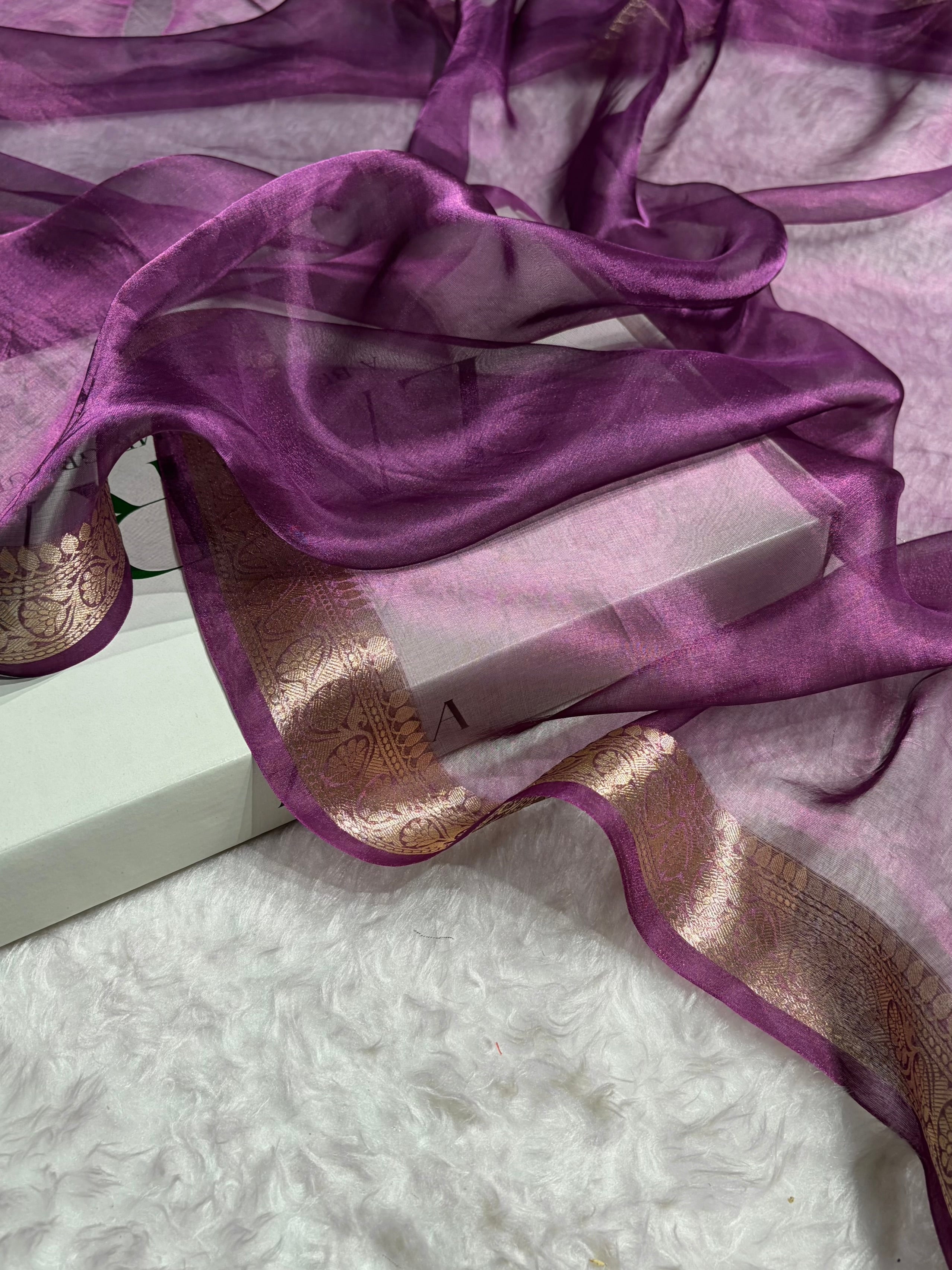 Purple Wine Shades Pure Tissue Silk Saree with Brocade Blouse PT-09