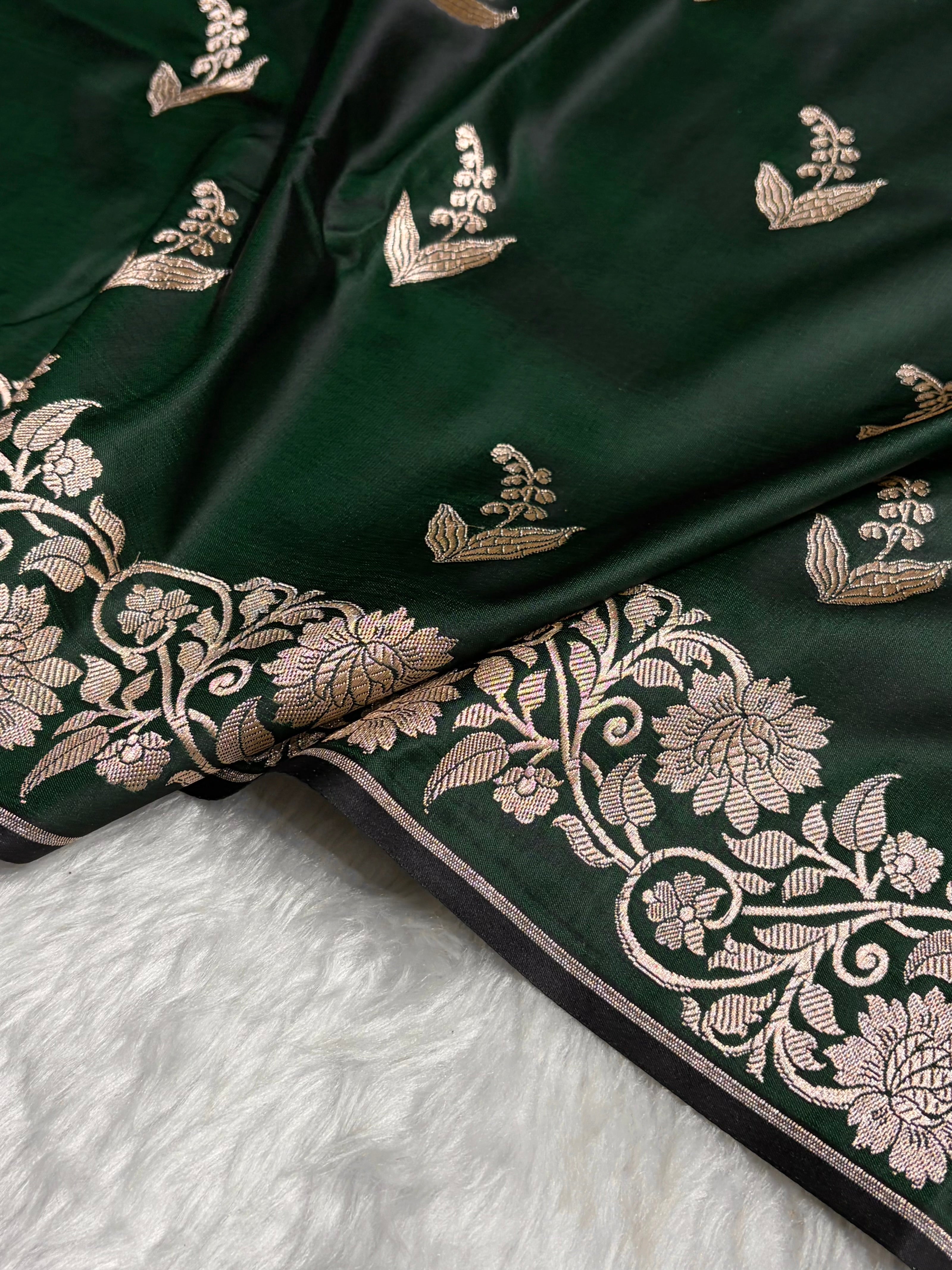 Dark Bottle Green Boota With Floral Border Mashru Silk Saree MSM-90