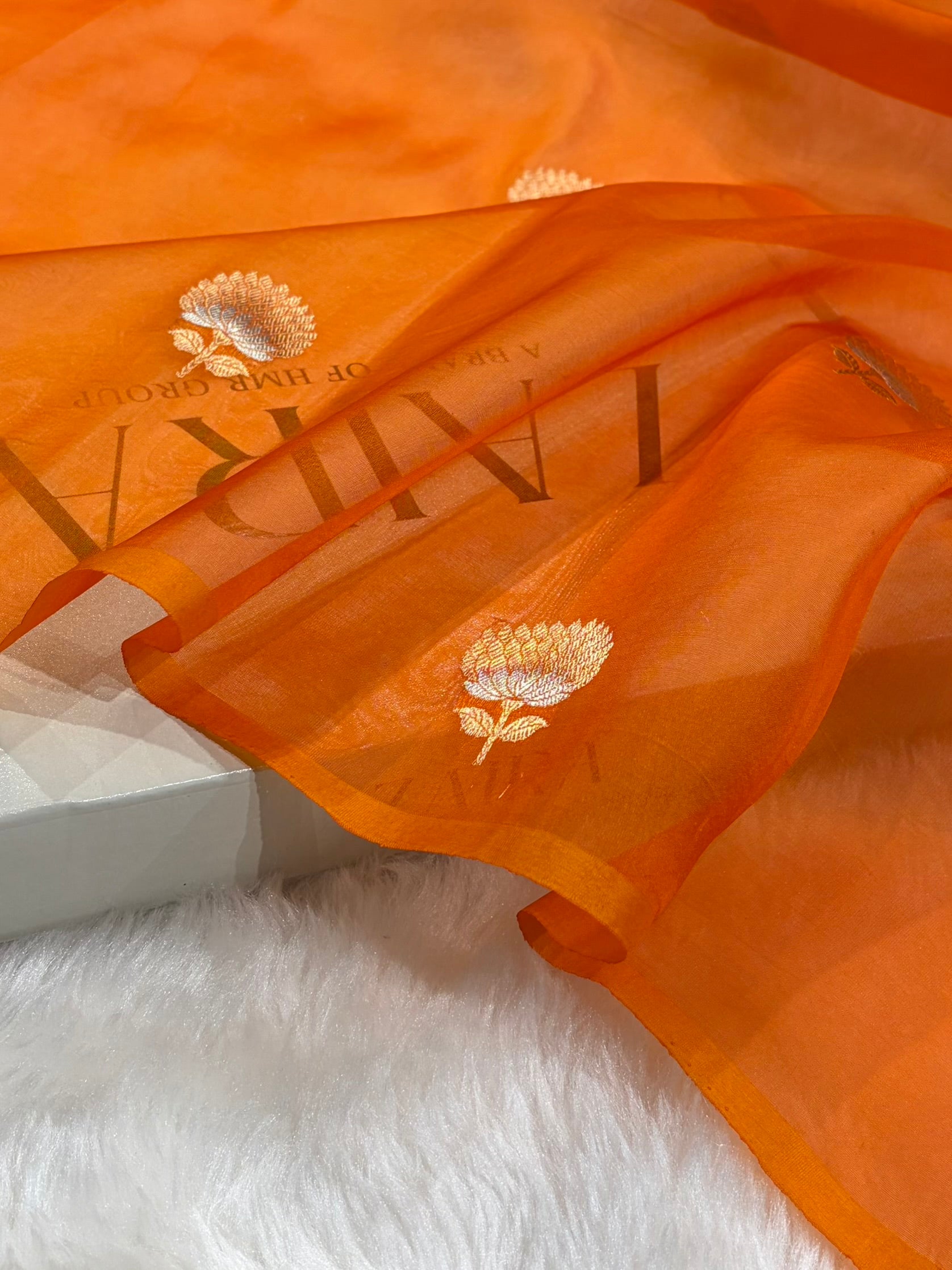 Pure Banarasi Organza Orange Shades With Minakari Floral Banarasi Silk Saree PO-23