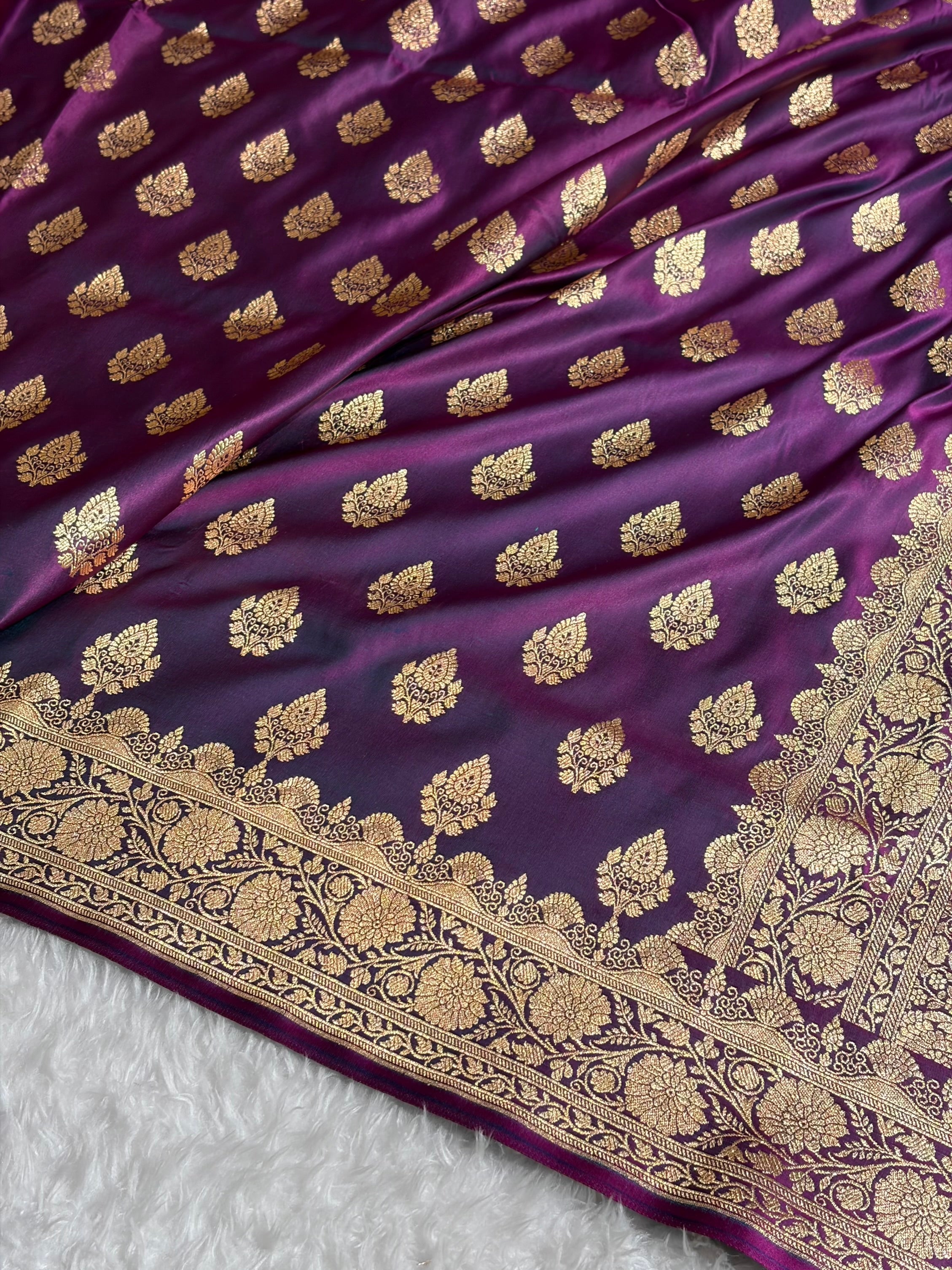 Cross Wine Floral Boota Pattern Satin Katan Silk saree SK45