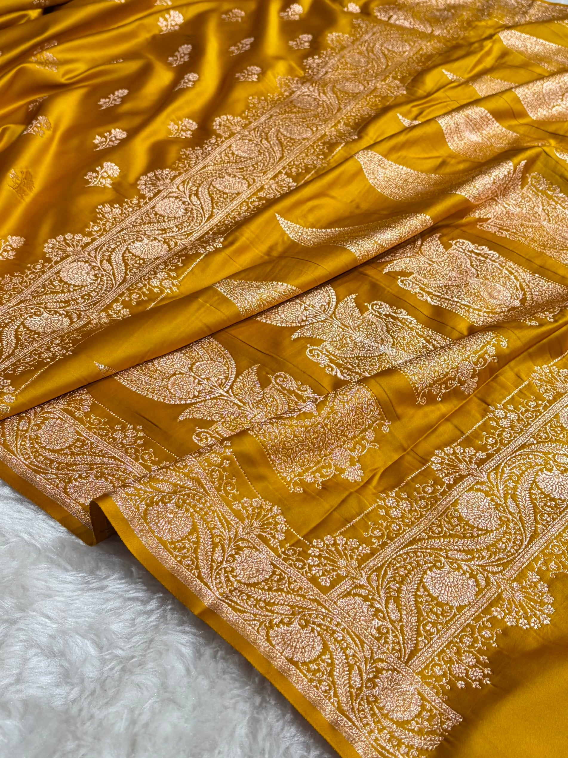 Banarasi Satin Katan Saree Booti PatterIn Mustard Shades SK135
