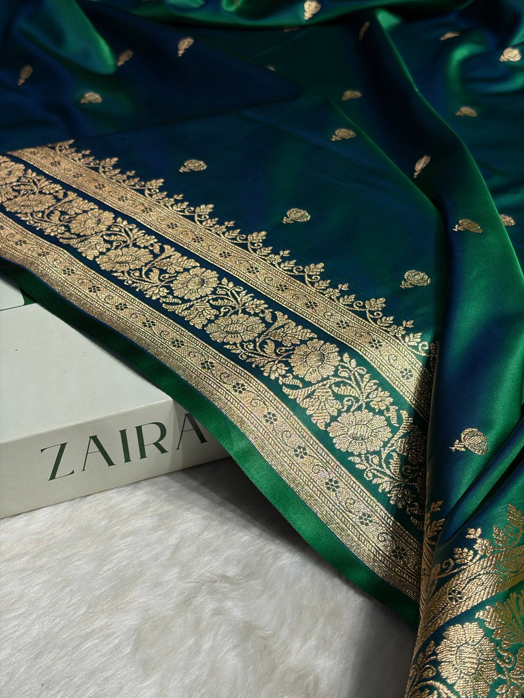 Green Cross Booti Pattern Satin Katan Silk Saree SK66