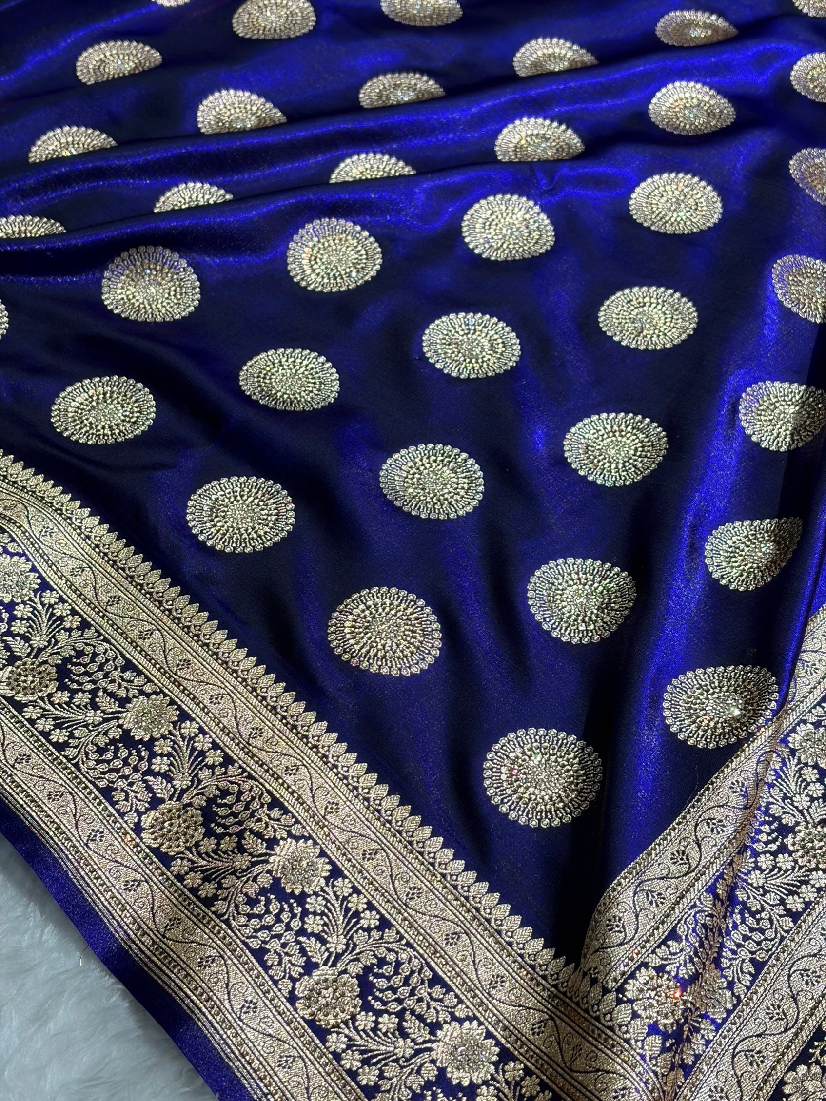 Royal Blue Shades Banarasi With Swarovski Stone Work Satin Silk Saree BSS33