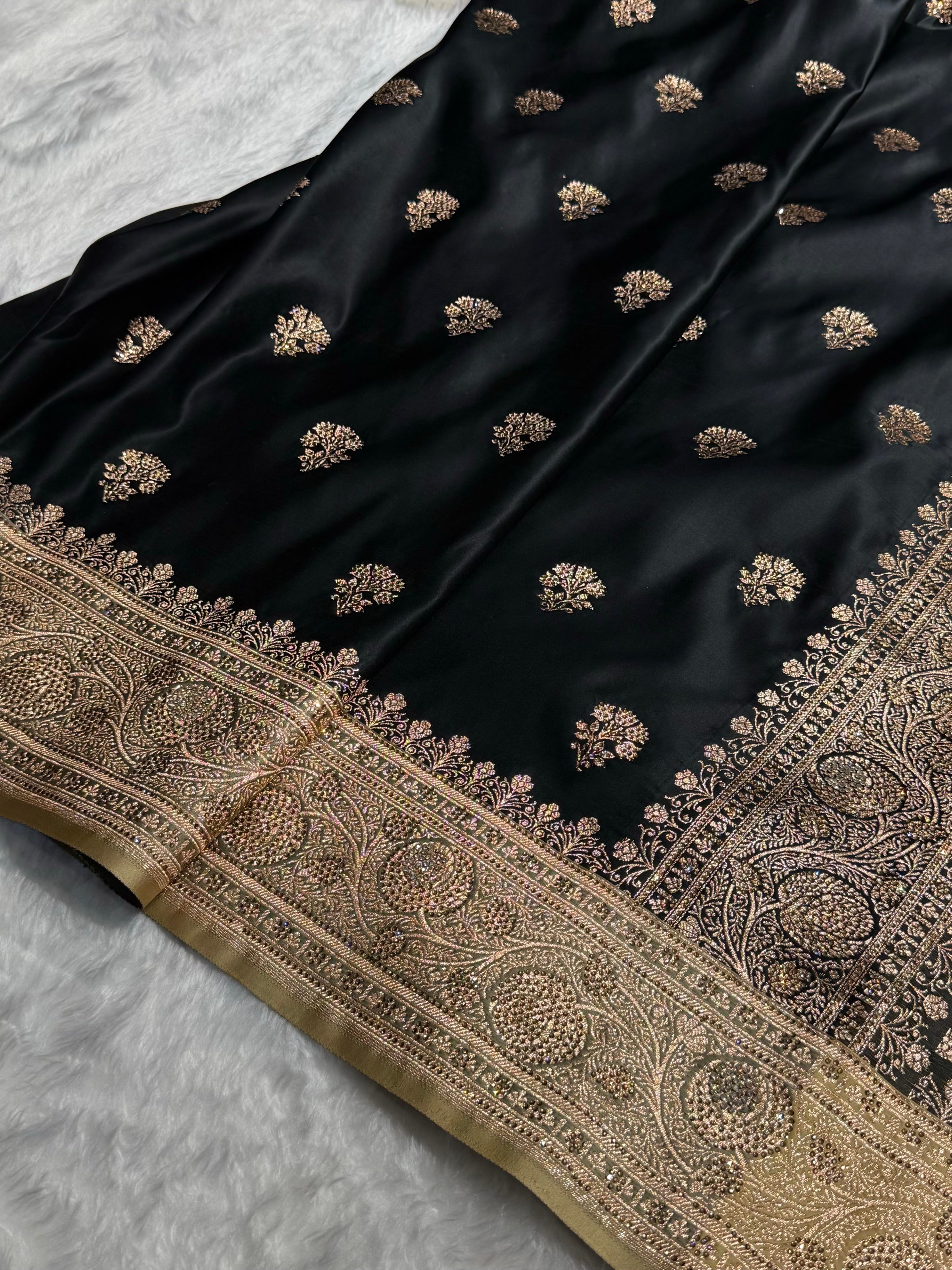 Black - Cream Banarasi Boota With Swarovski Katan Silk Saree BSKM29
