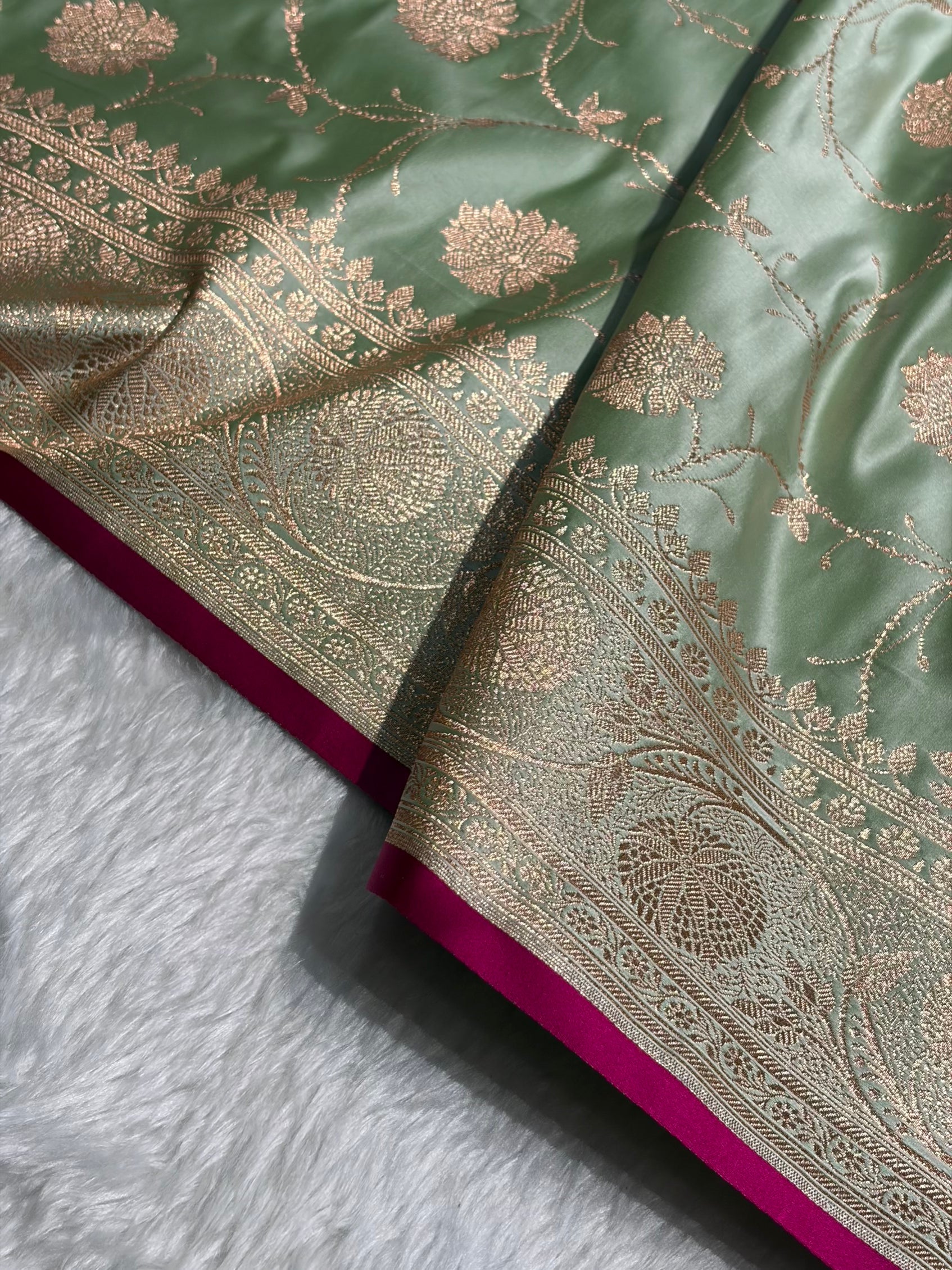 Pista Banarasi Jaal Satin Katan Silk Saree SK06