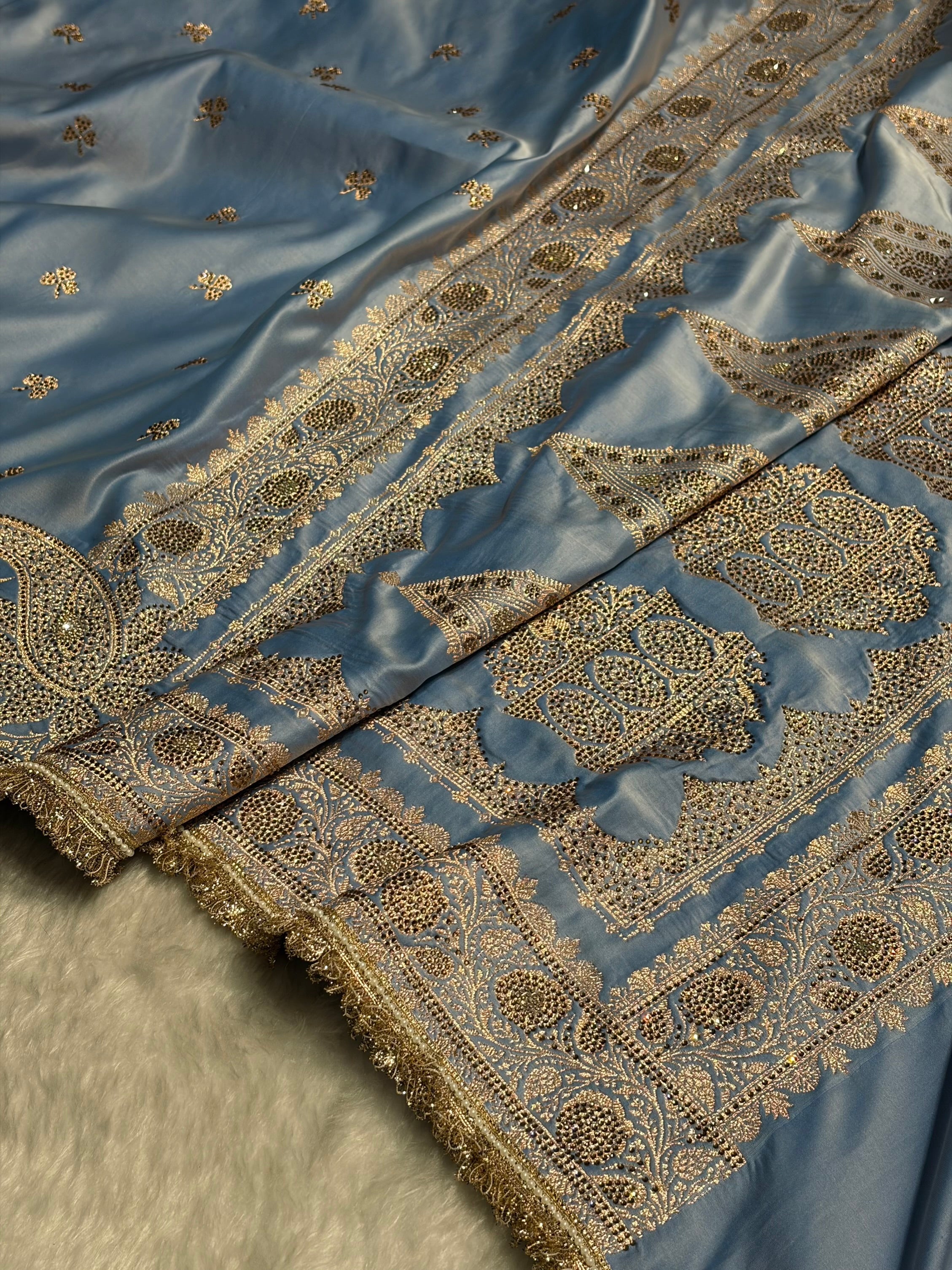 Sky Blue Booti With Swarovski Work & Gotta Patti Katan Silk Saree BSKGP09