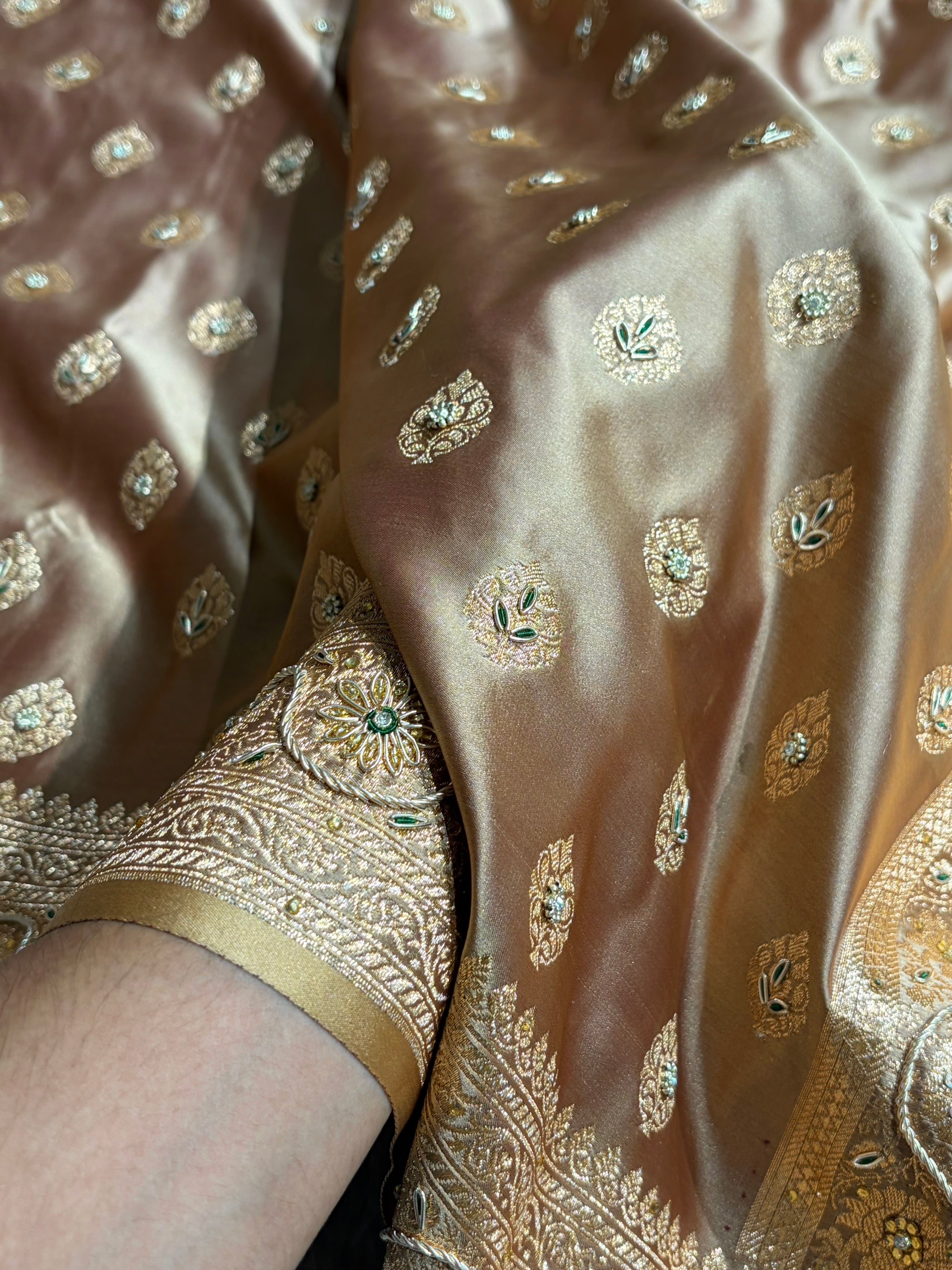 Banarasi Boota Katan Silk Saree In Tusser Shades With Ari Zardozi Work BSK02