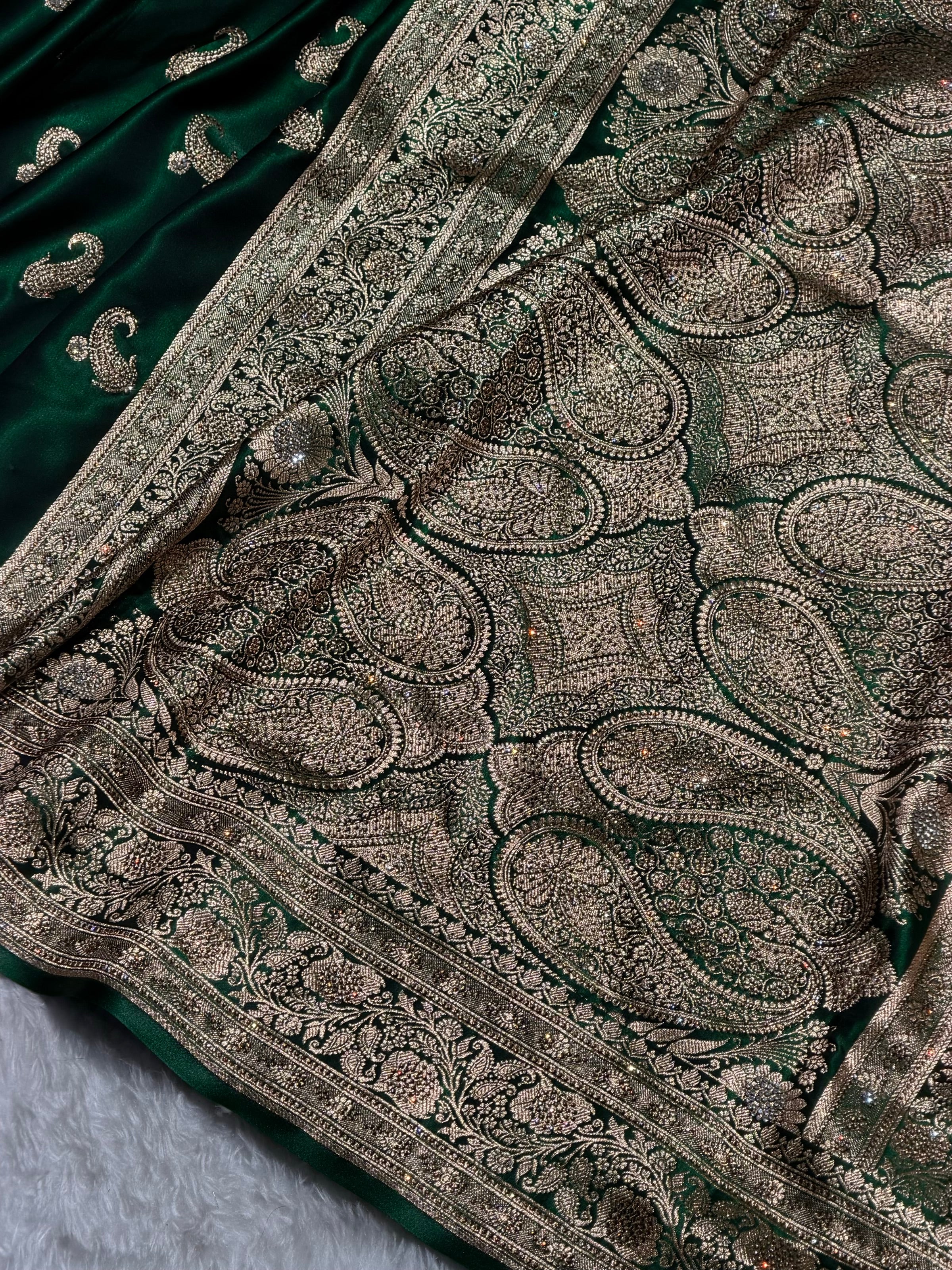 Satin Silk Saree Tredition Banarasi Swarovski Work Floral Boota in Bottle Green Shades BSS27