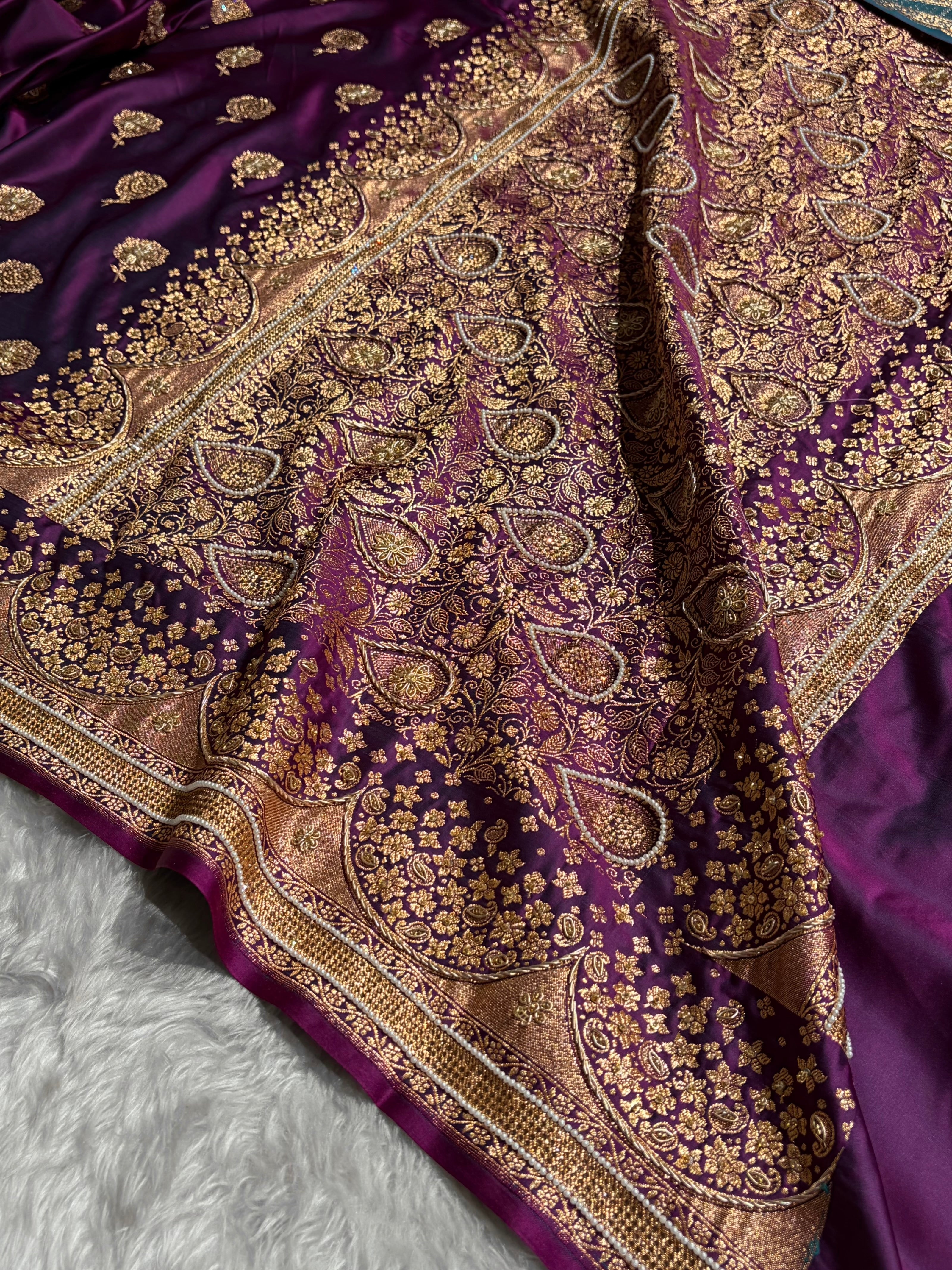 Banarasi Satin Katan Saree With Ari & Zardozi Work Boota in Wine Shades BSK111