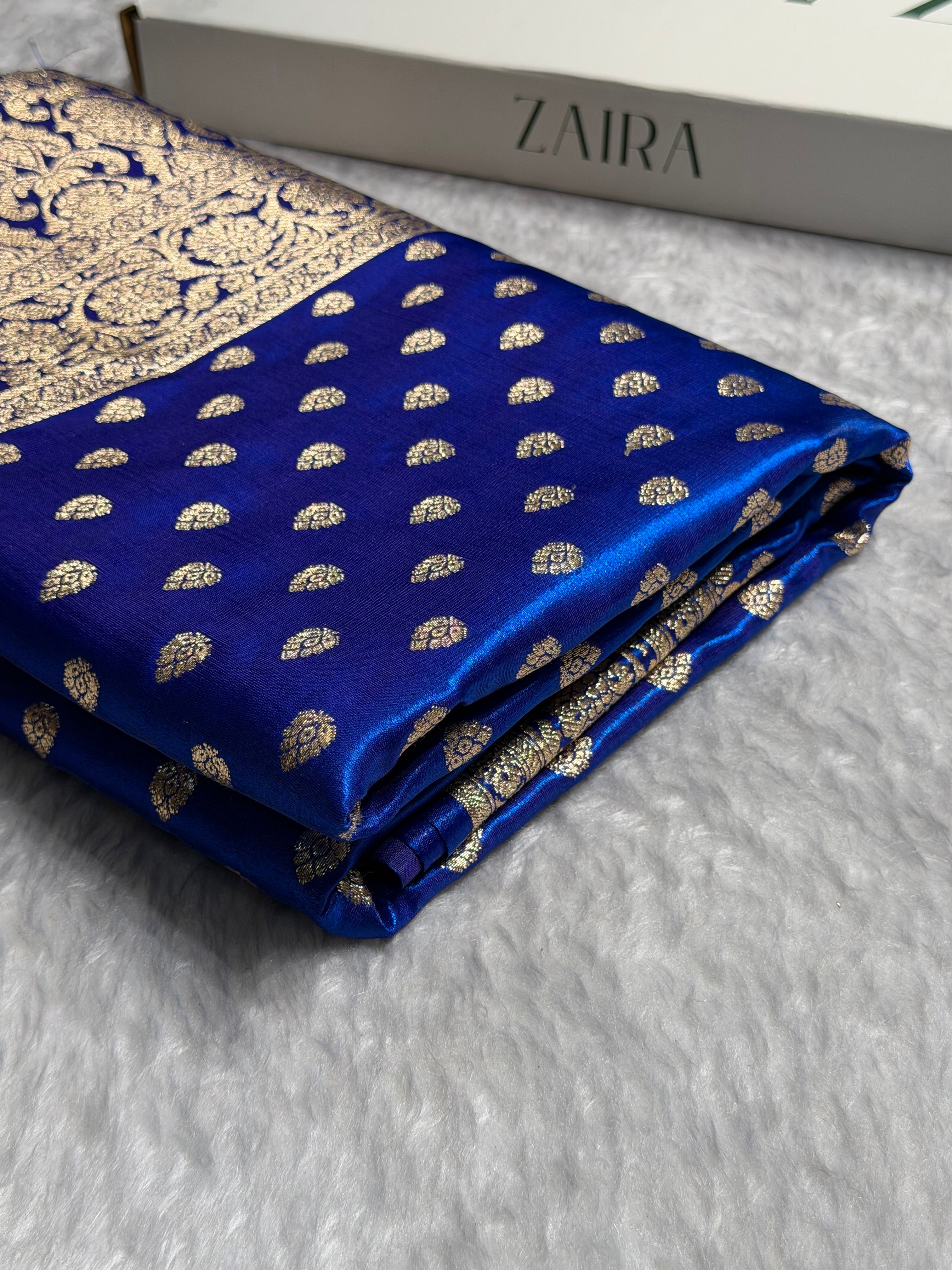 Cross Royal Blue Booti satin Silk Saree SS01