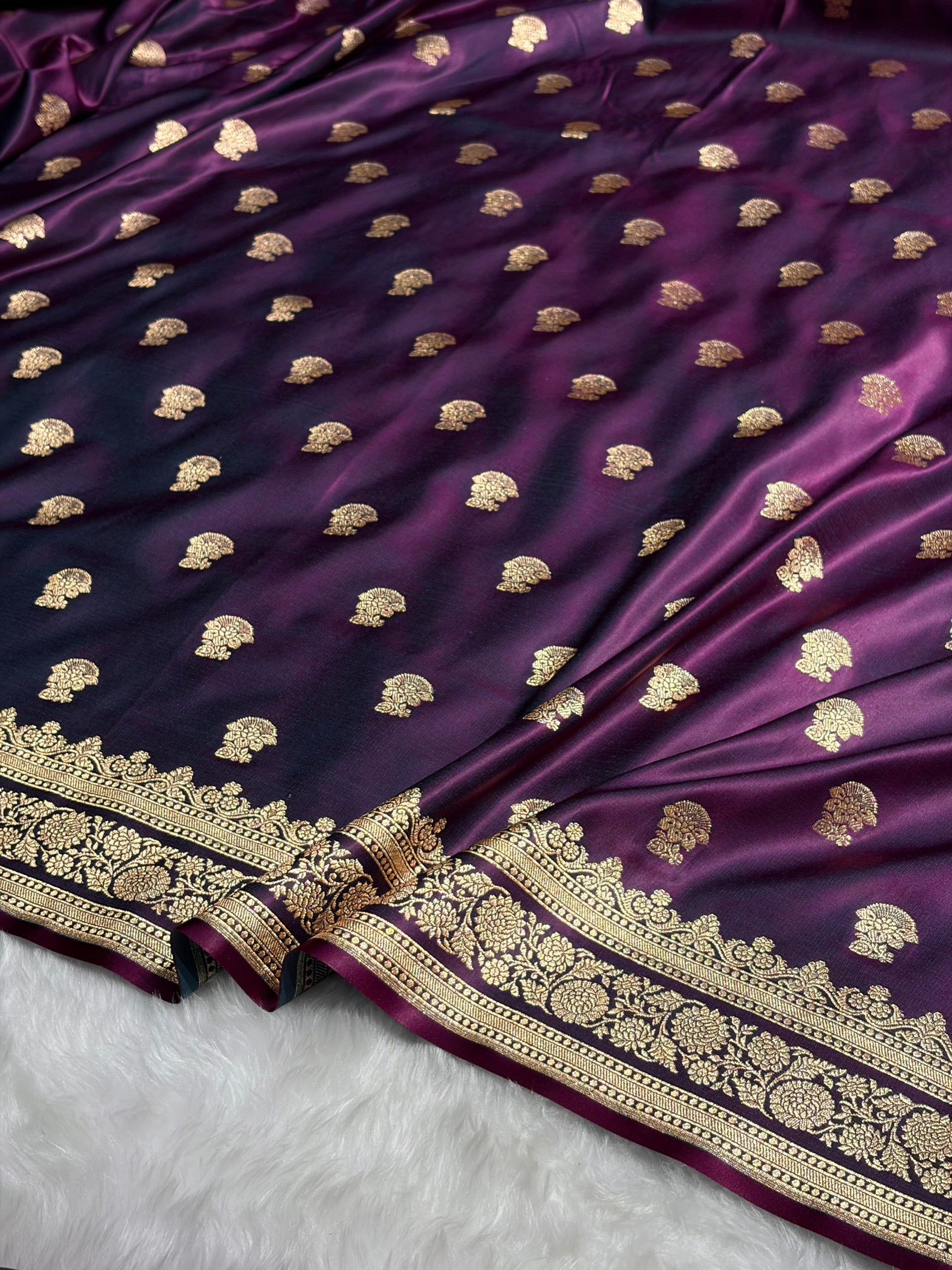 Wine Booti Pattern Satin Katan Silk Saree SK49