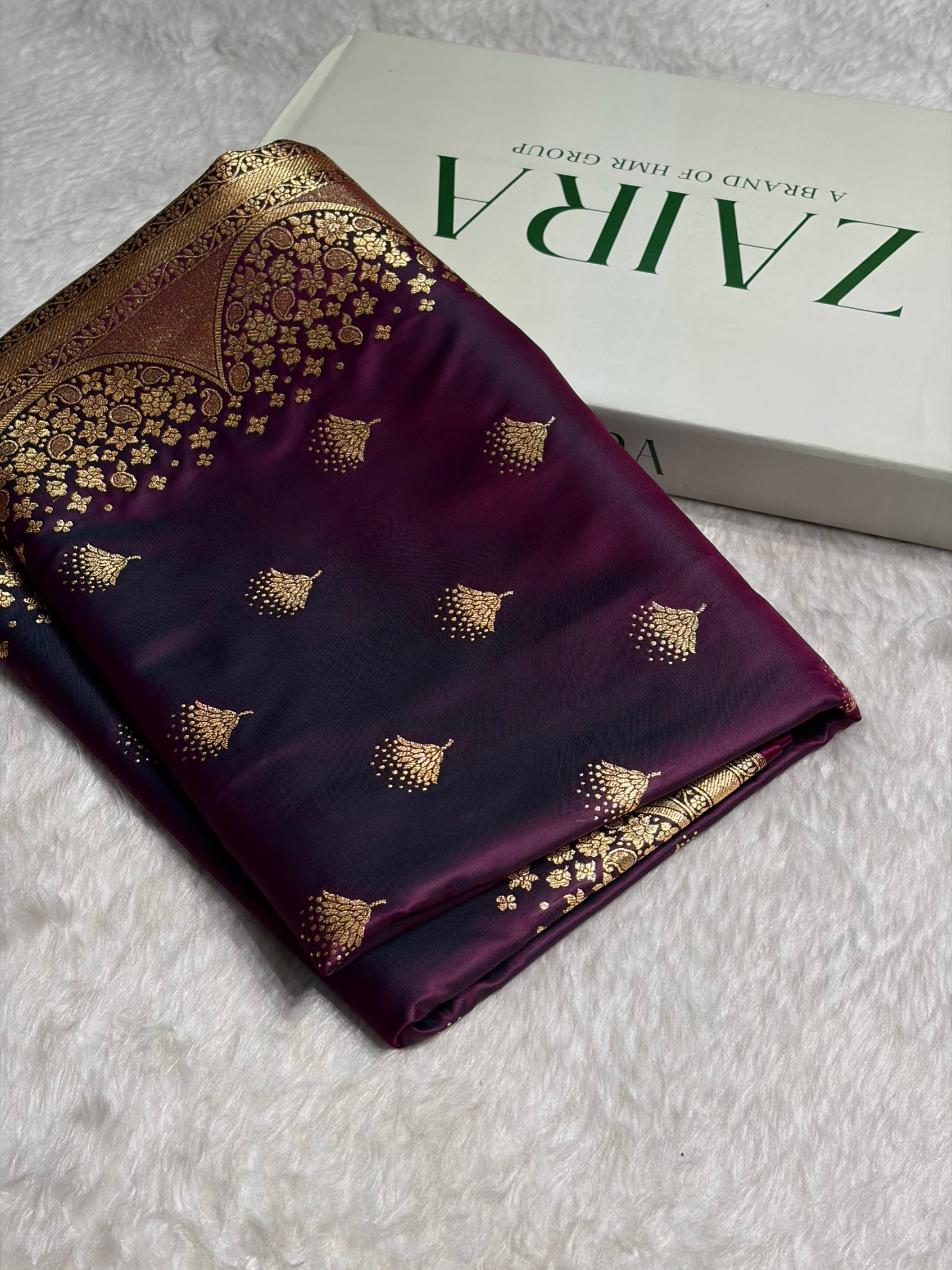 Cross Wine Floral Banasari Pattern Satin Katan Silk Saree SK83