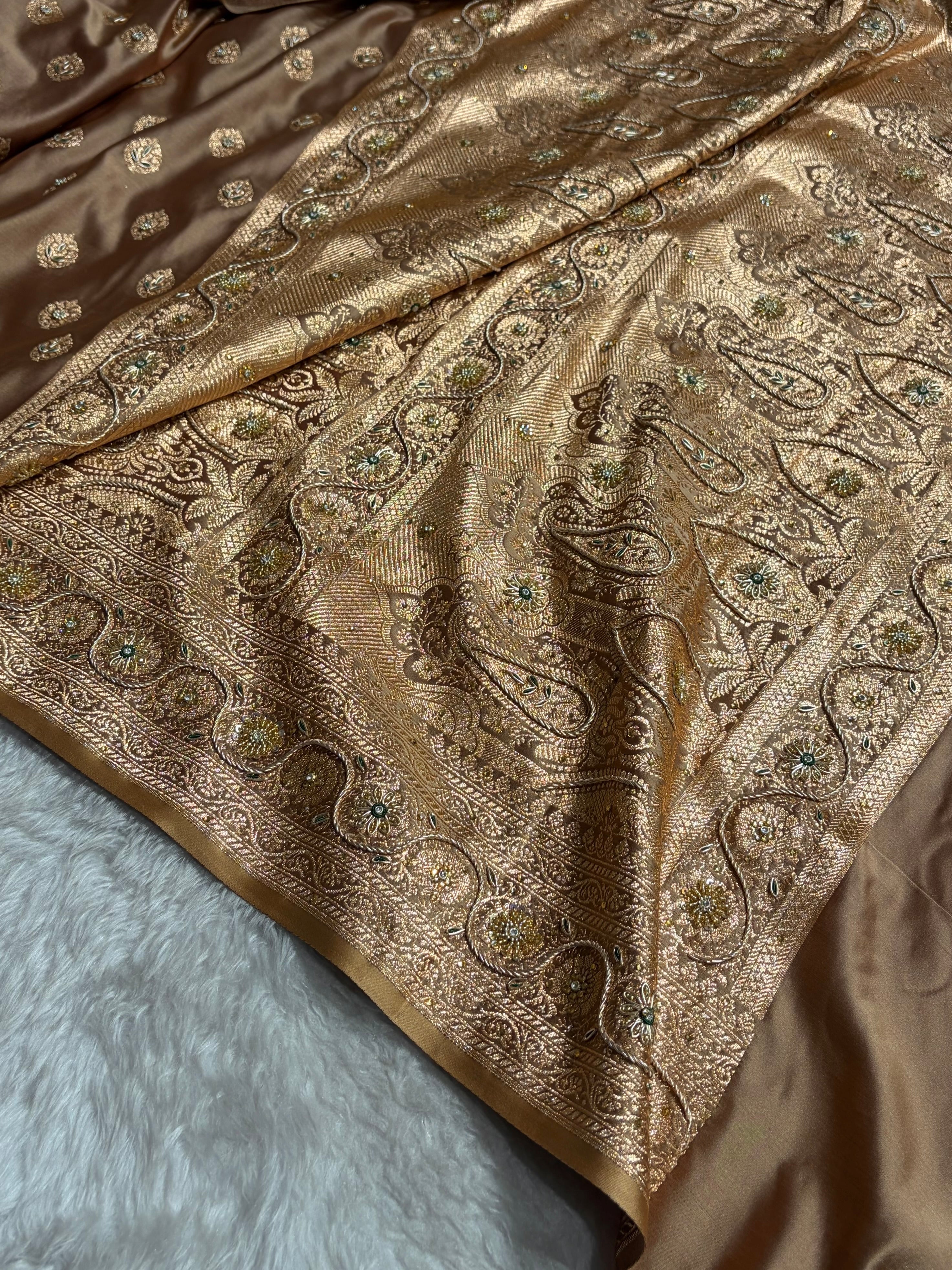 Banarasi Boota Katan Silk Saree In Tusser Shades With Ari Zardozi Work BSK02