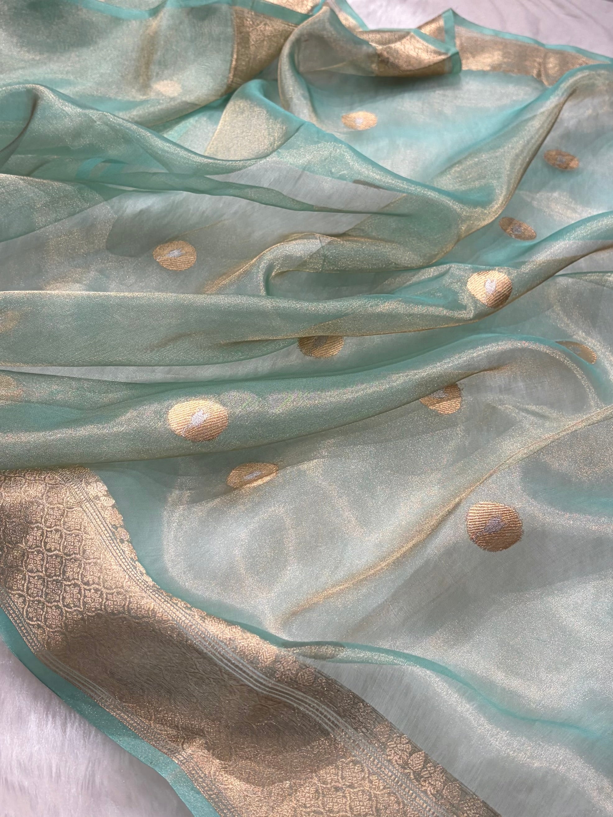 Sea Green Bananasi Floral Shades Pure Tissue Silk Saree PT-40
