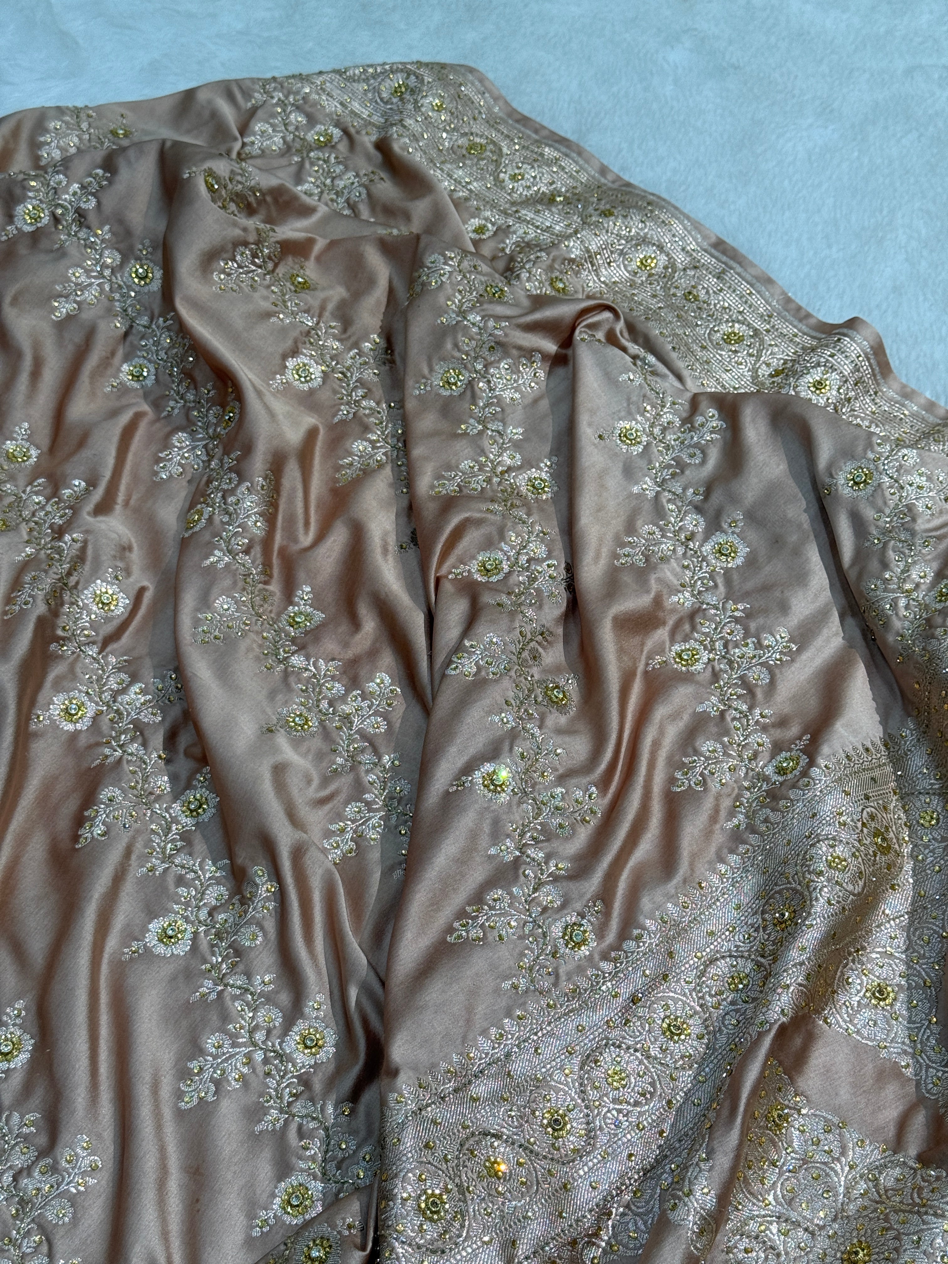 Bridal Beige Gold Mashru Silk with Ari and Stone