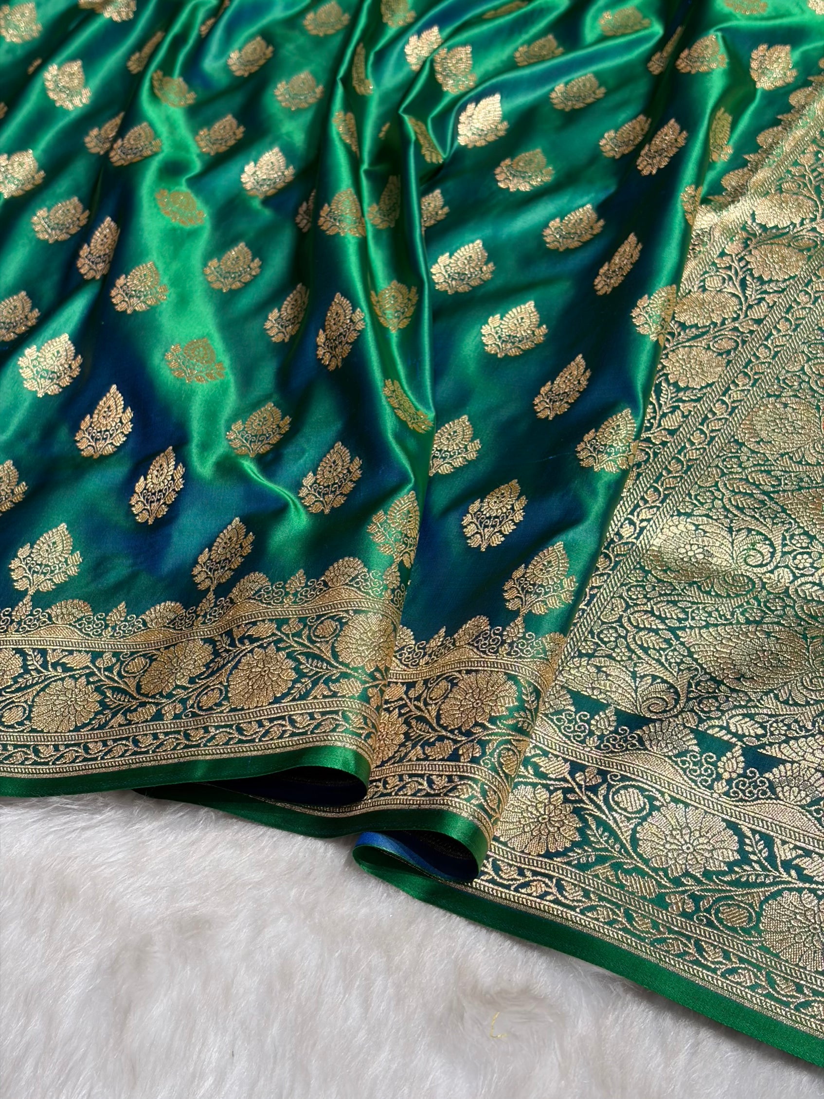 Green Cross Floral Boota Pattern Satin Katan Silk saree SK45
