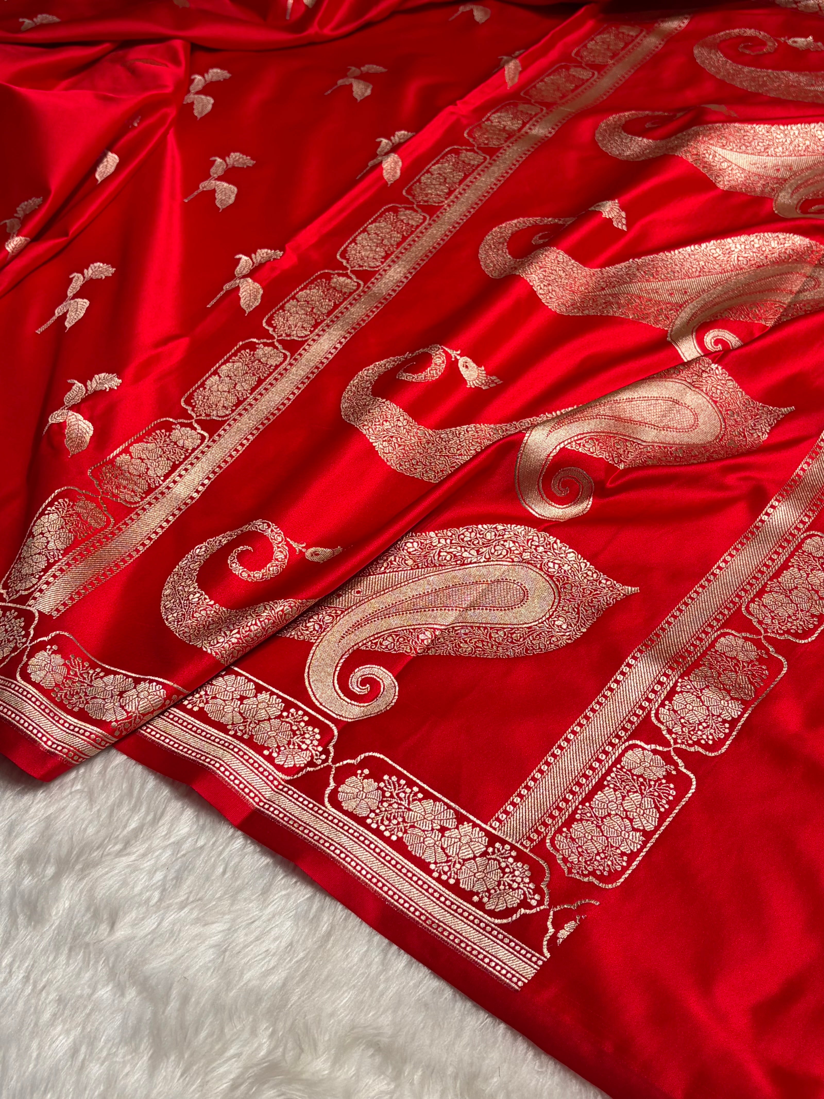 Red Boota With Floral Border Mashru Silk Saree MSM-93