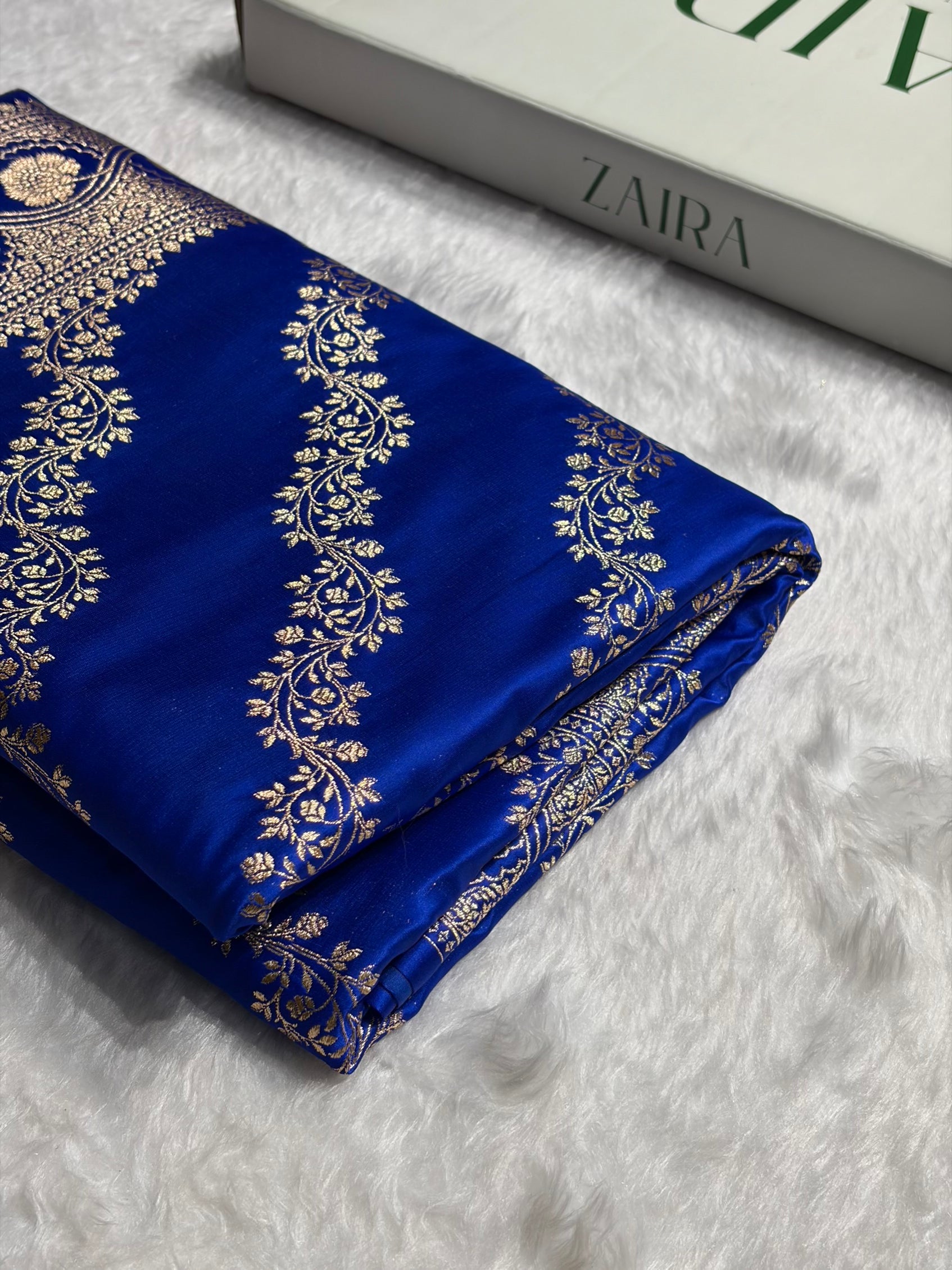 Royal Blue Floral Cross Pattern Satin Katan Silk Saree SK74