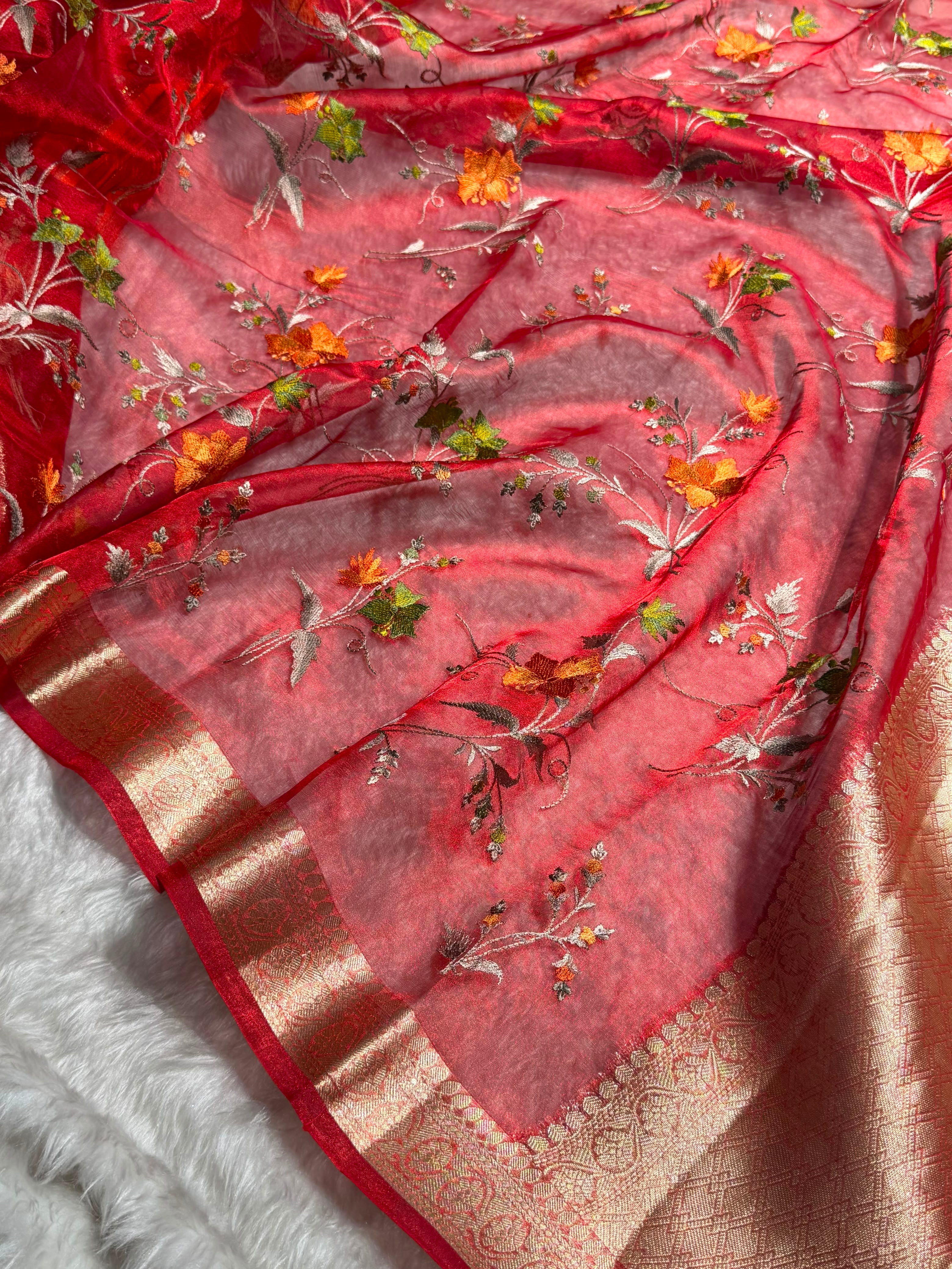 Maroon Shades With Floral Embroidered Pure Tissue Silk Saree with Brocade Blouse PTE-09