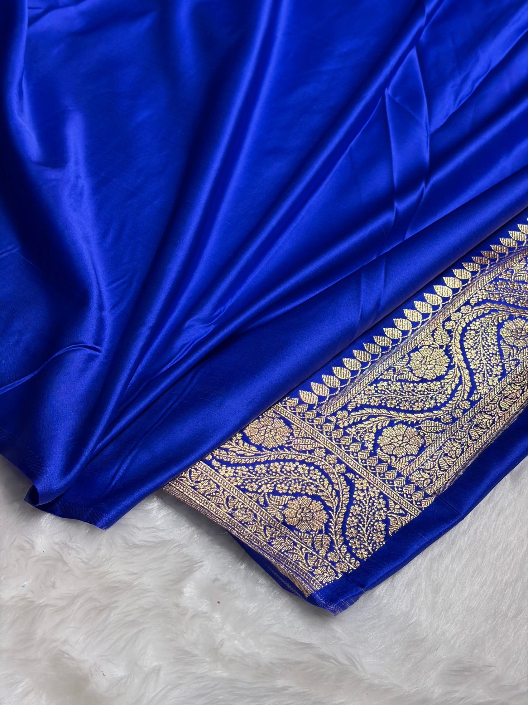 Royal Blue Floral Unique Boota Pattern Satin Katan Silk Saree SK73