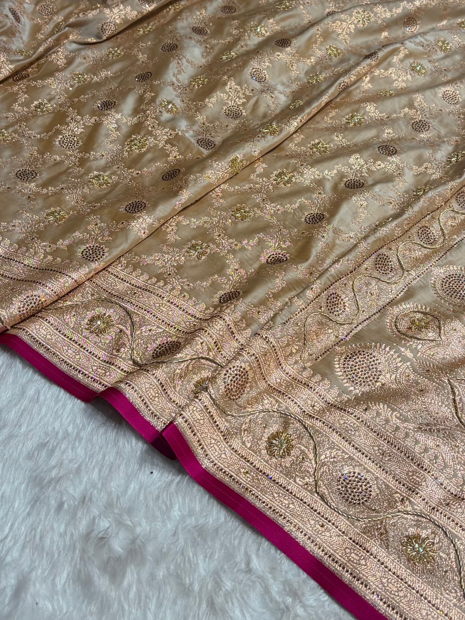 Beige Jaal With Banarasi Swarovski and Zardozi Work Pattern Satin Katan Silk Saree BSK25