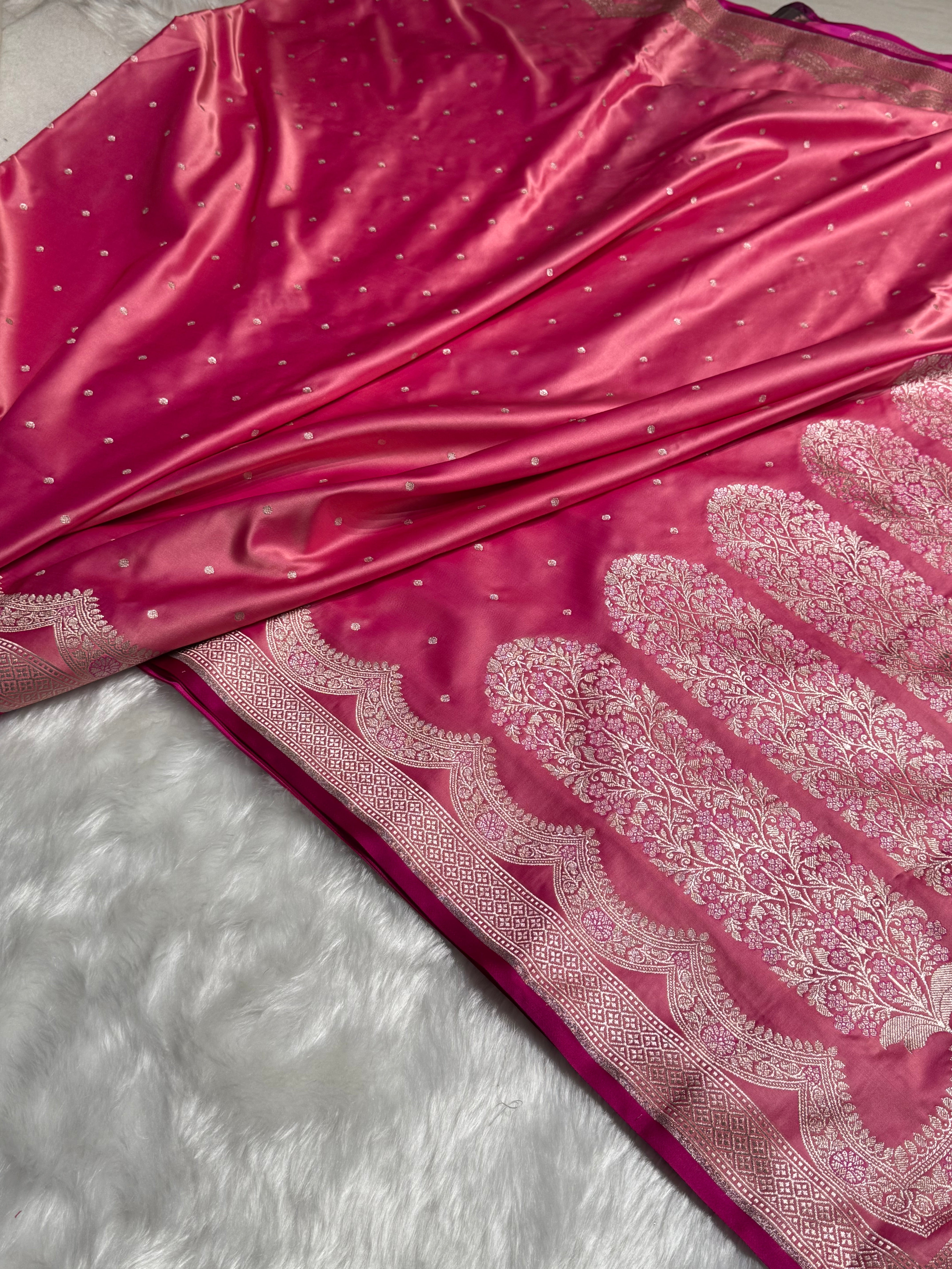 Baby Pink Shades Scallop Motif Booti Mashru Silk Saree