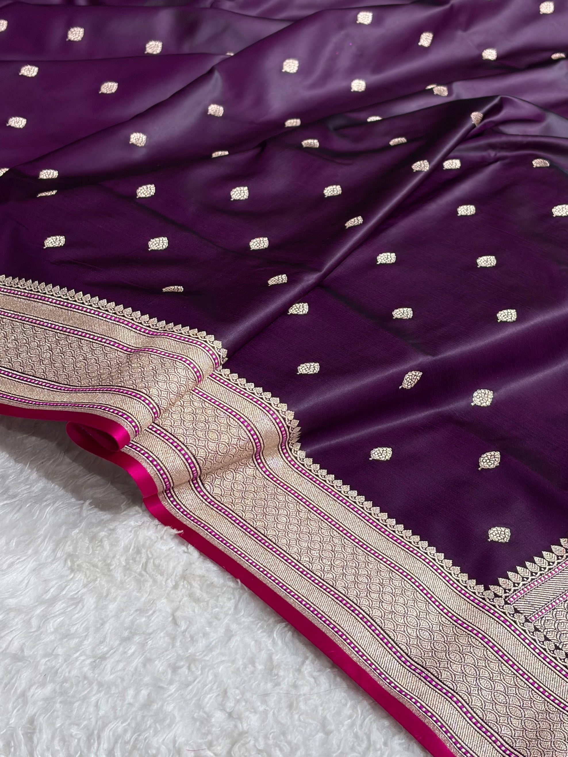 Banarasi Wine Boota With Floral Border Mashru Silk Saree