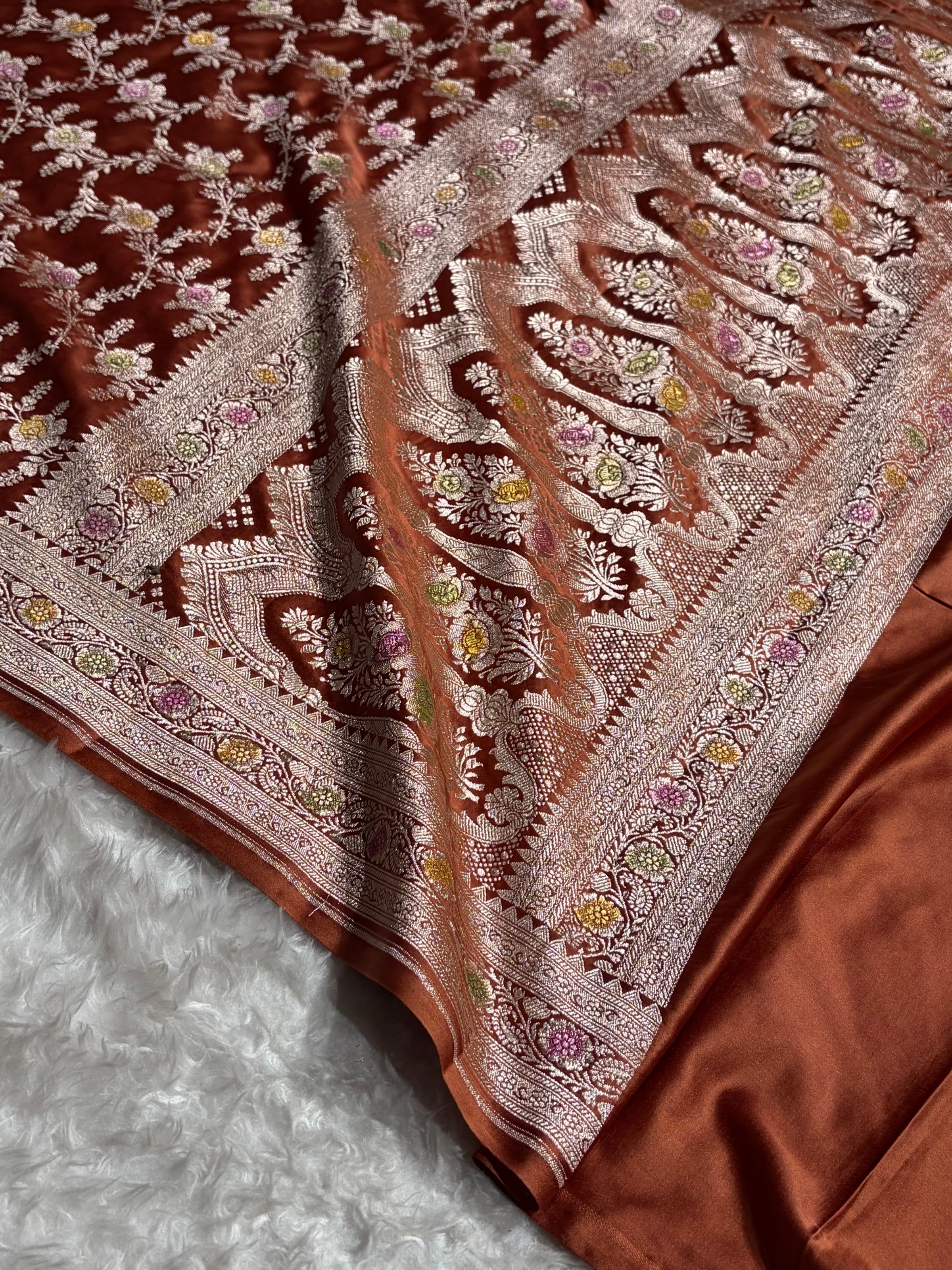 Rust Brown Shades Banarasi Minakari Floral Jaal Mashru Silk Saree MCS28