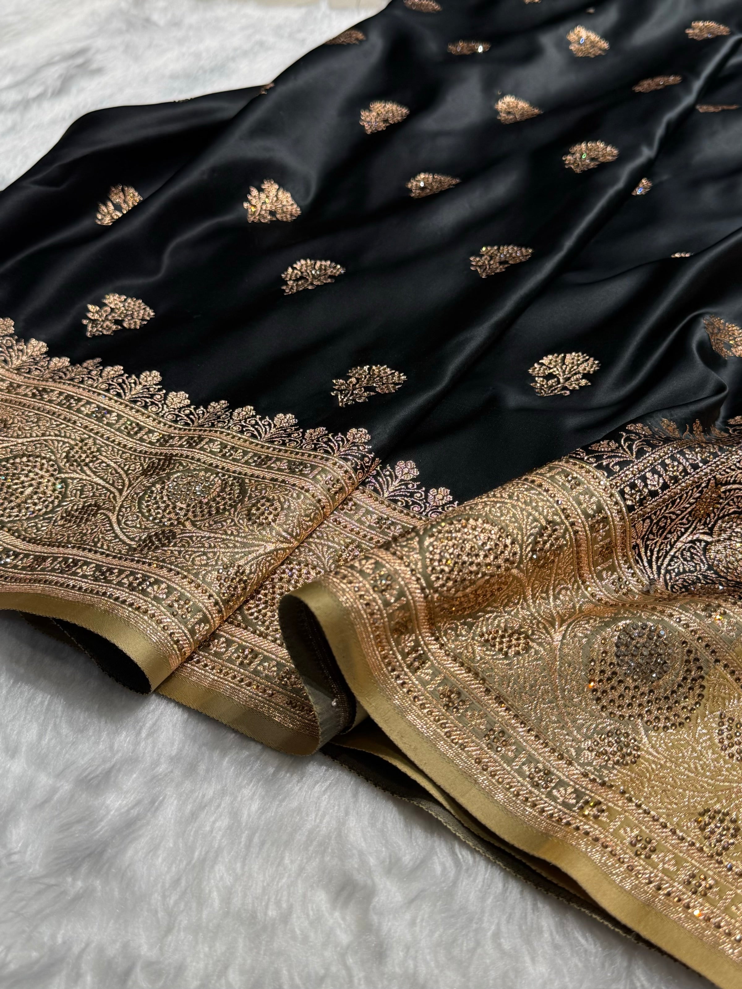 Black - Cream Banarasi Boota With Swarovski Katan Silk Saree BSKM29
