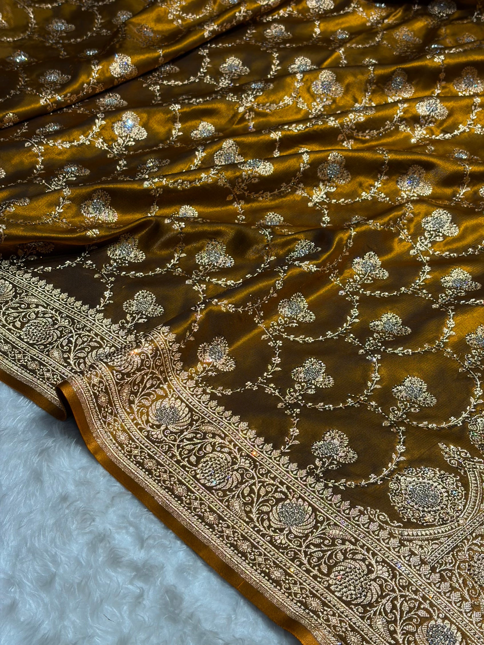 Satin Silk Saree Banarasi Swarovski Work Jaal in Mehendi Shades BSS23 (R)