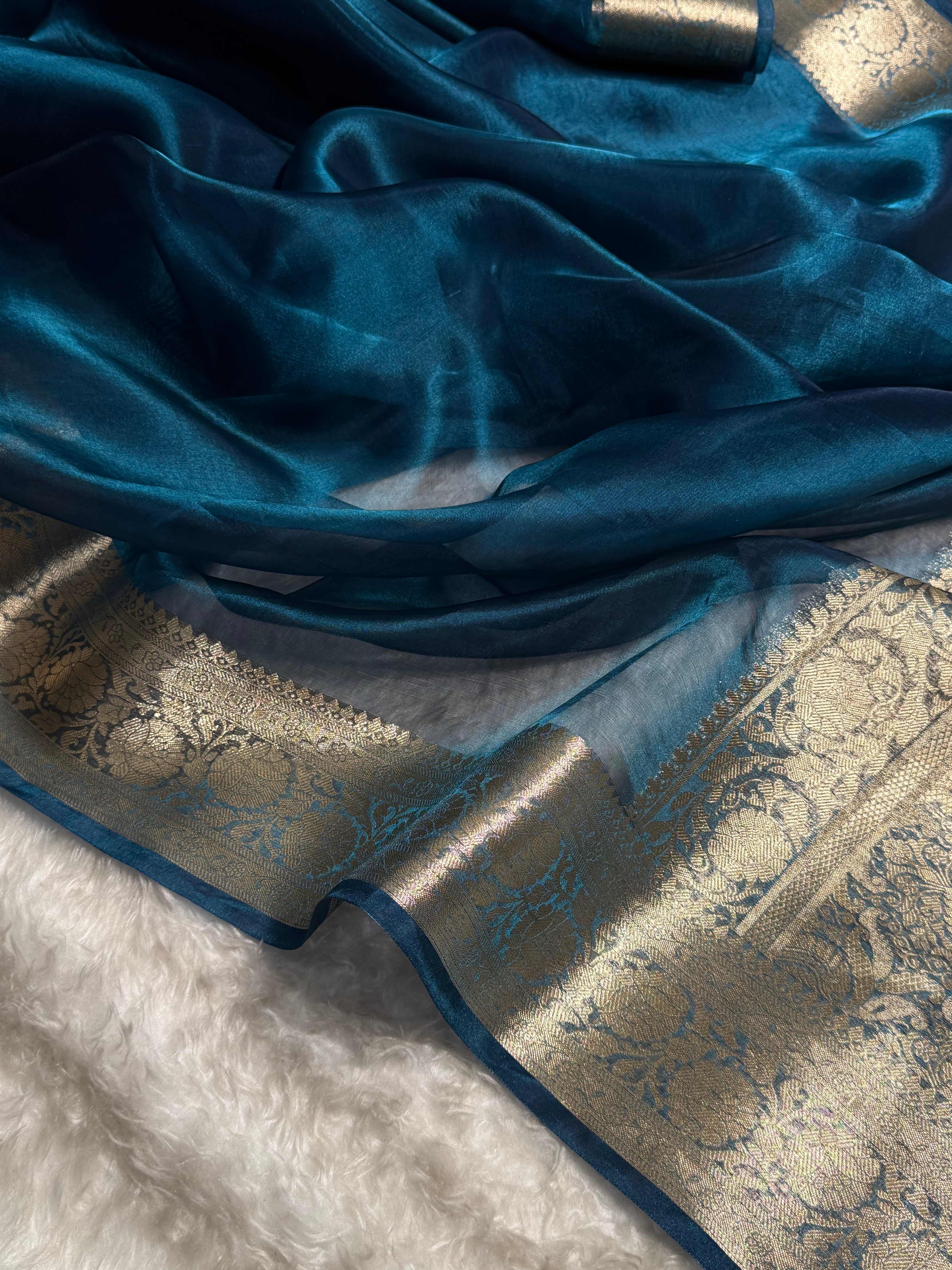 German Blue Shades Pure Tissue Silk Saree with Brocade Blouse PT-18