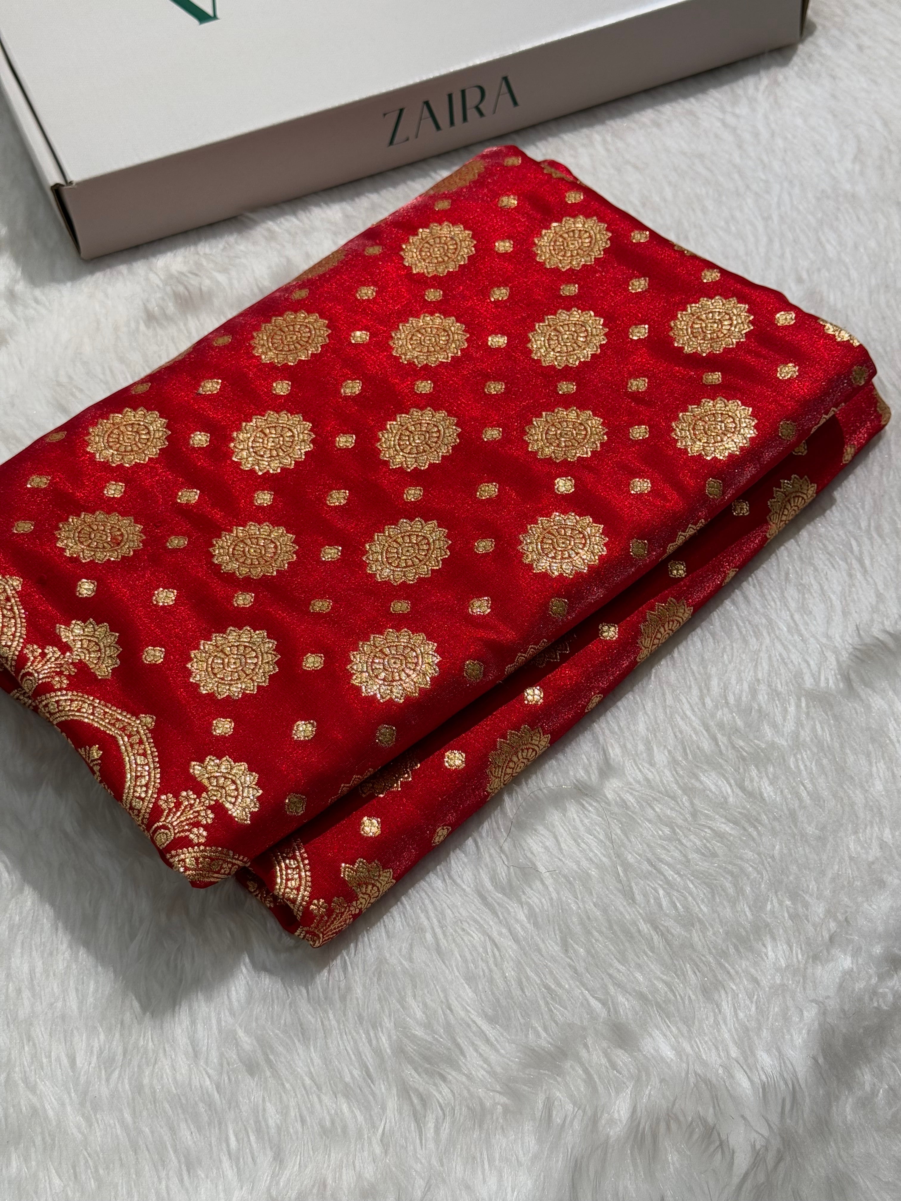 Satin Silk Booti Boota in Red Shades