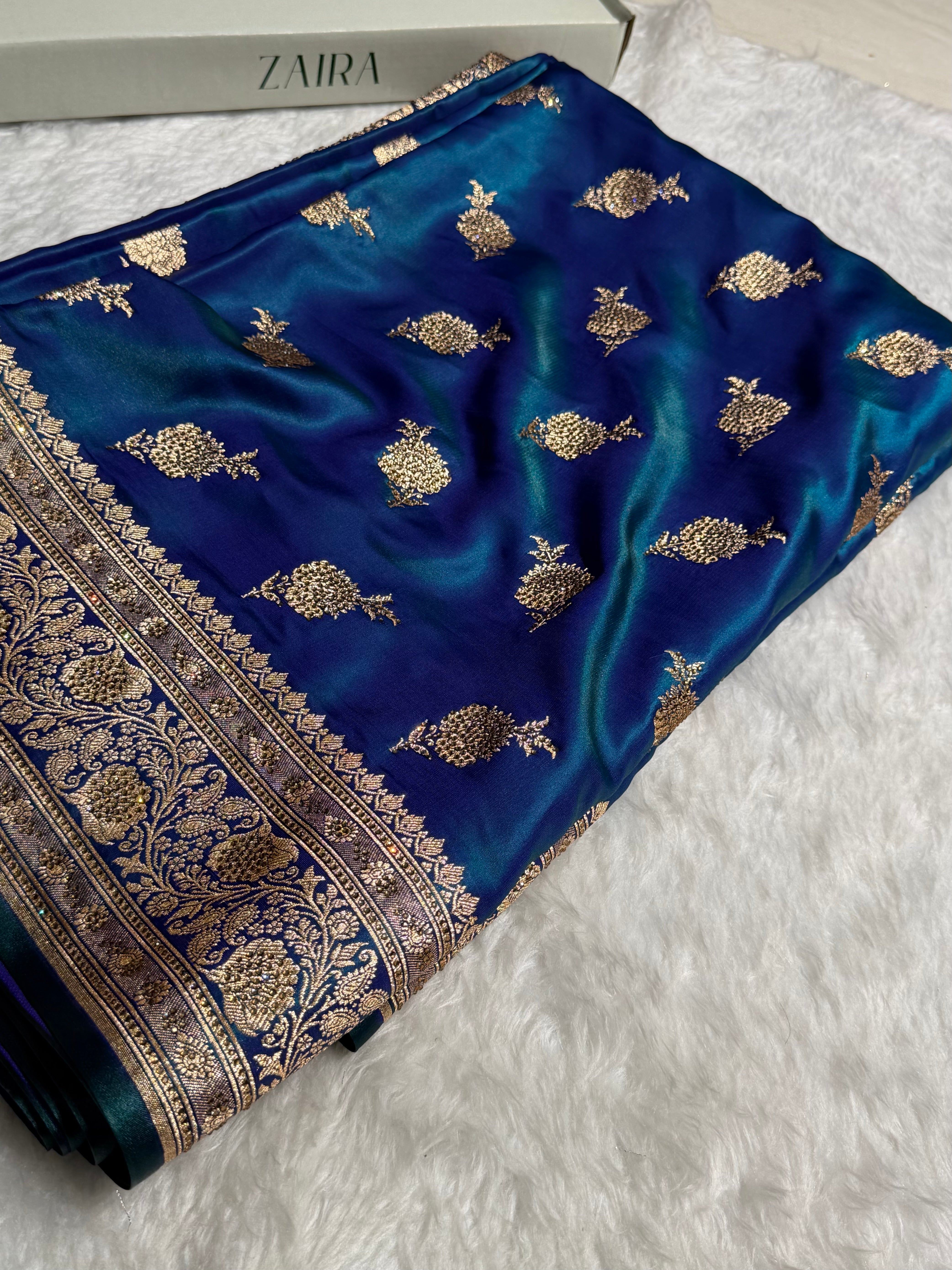 Satin Silk Saree Swarovski Work Floral Boota in Peacock Shades BSS26
